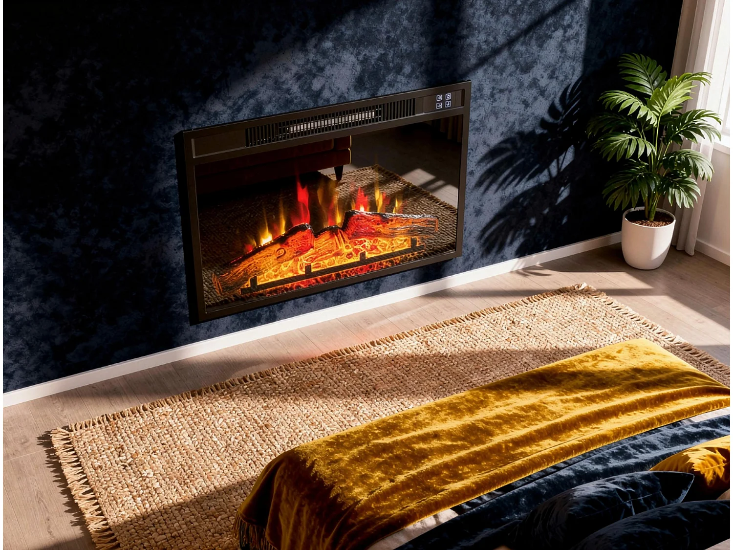 Cheminée électrique 2000W en verre trempé noir avec télécommande