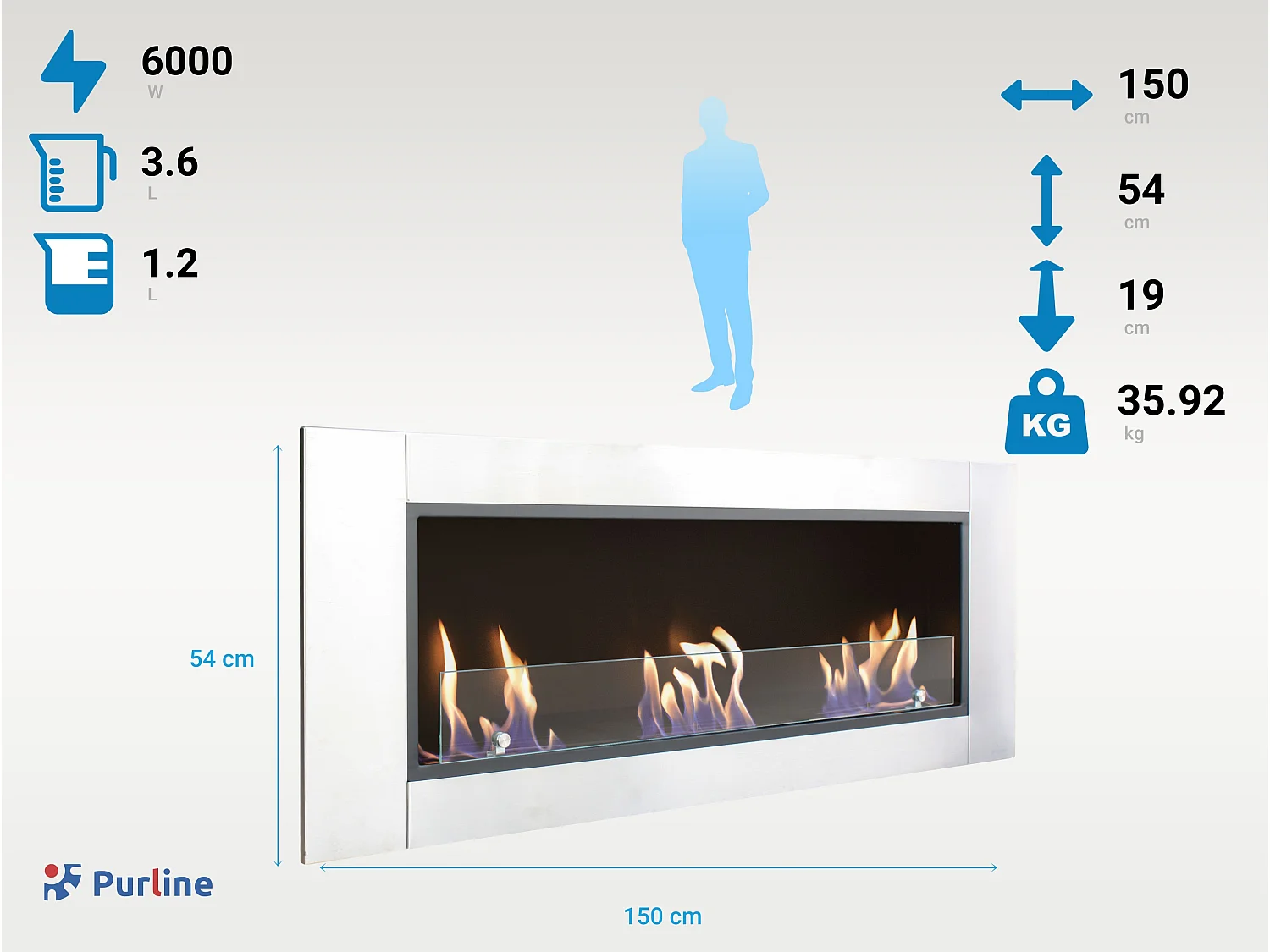 Bodenstehender Ethanol-Kamin, vertieftes Design, große Abmessungen und 3 Brenner