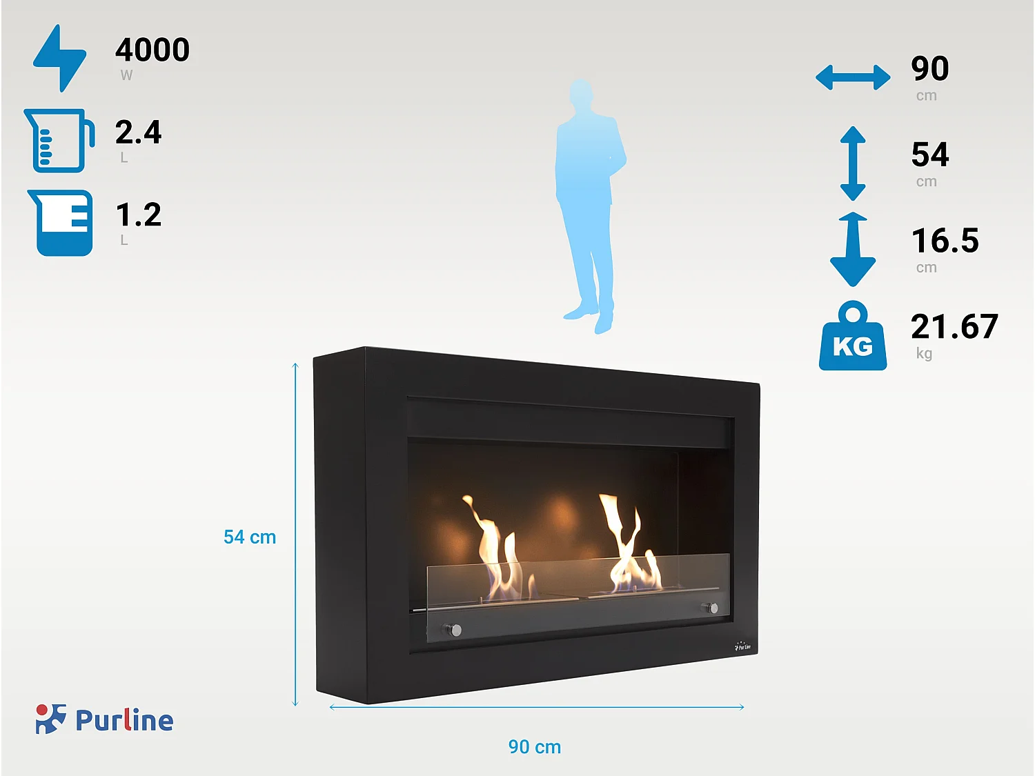 Large cheminée à l'éthanol en acier noir et double flamme