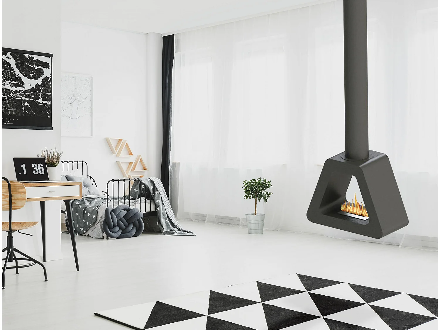 Ethanol haard met driehoekig dak in staal