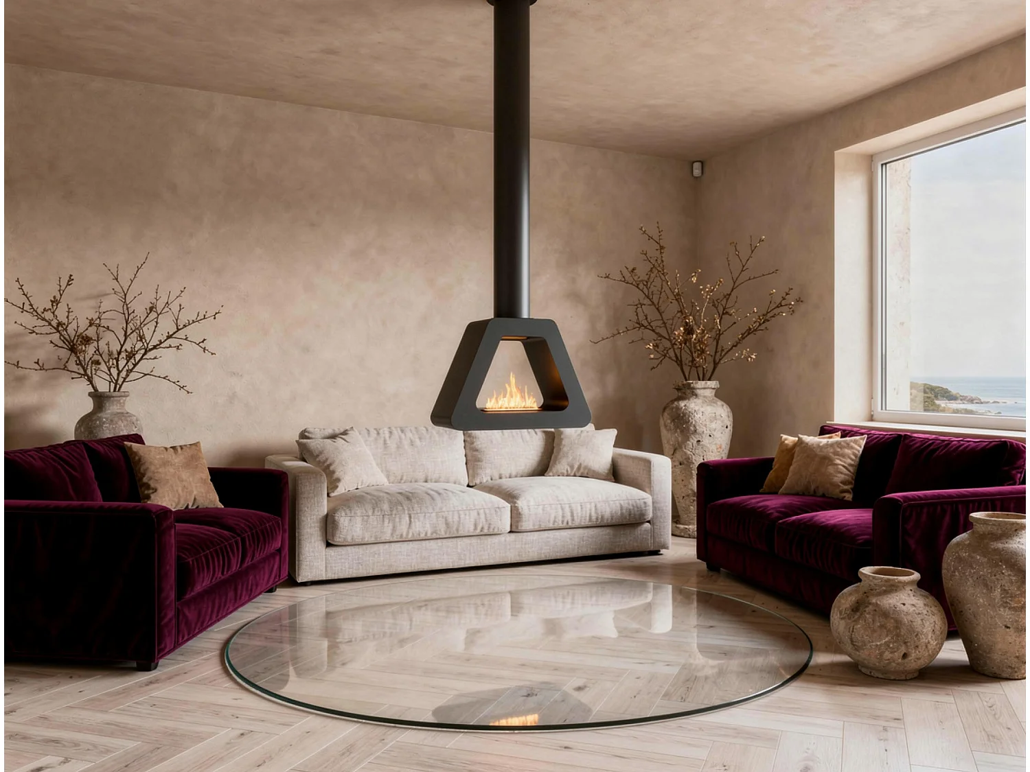 Cheminée éthanol à toit triangulaire en acier