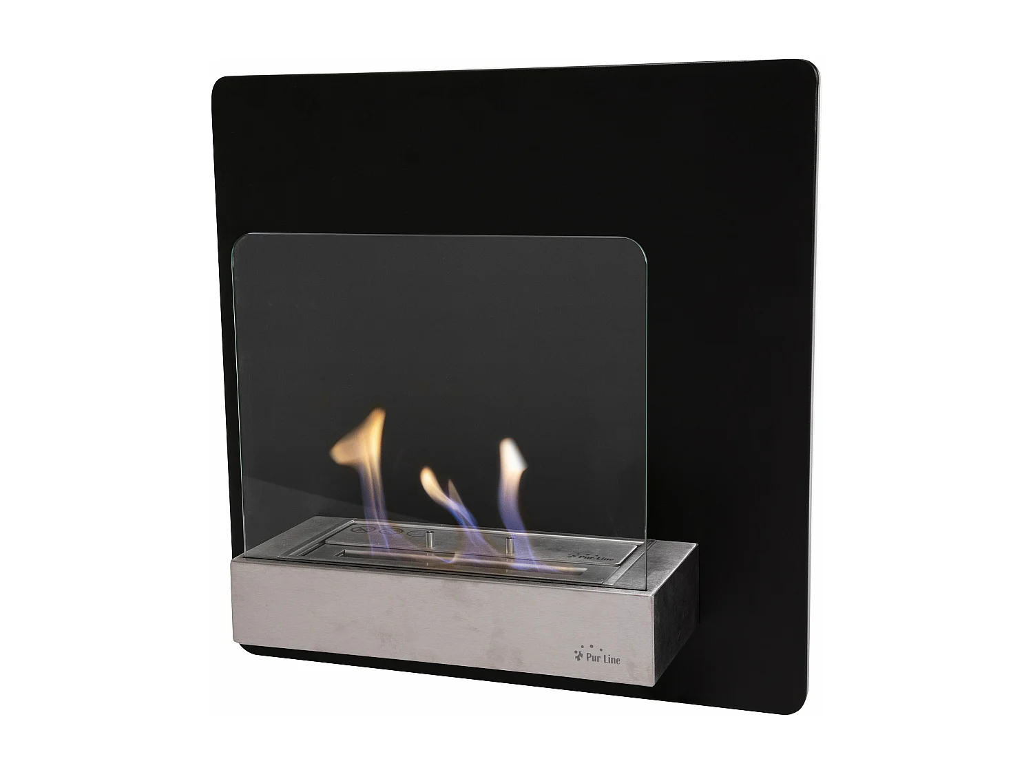 Ethanol haard, modern wandmodel in zwart staal en gehard glas