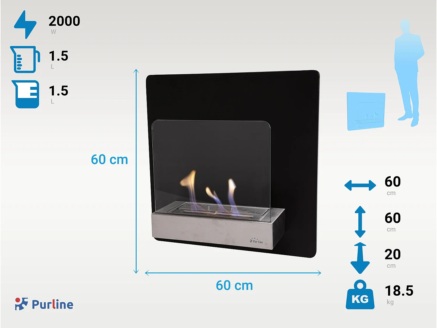 Ethanol haard, modern wandmodel in zwart staal en gehard glas