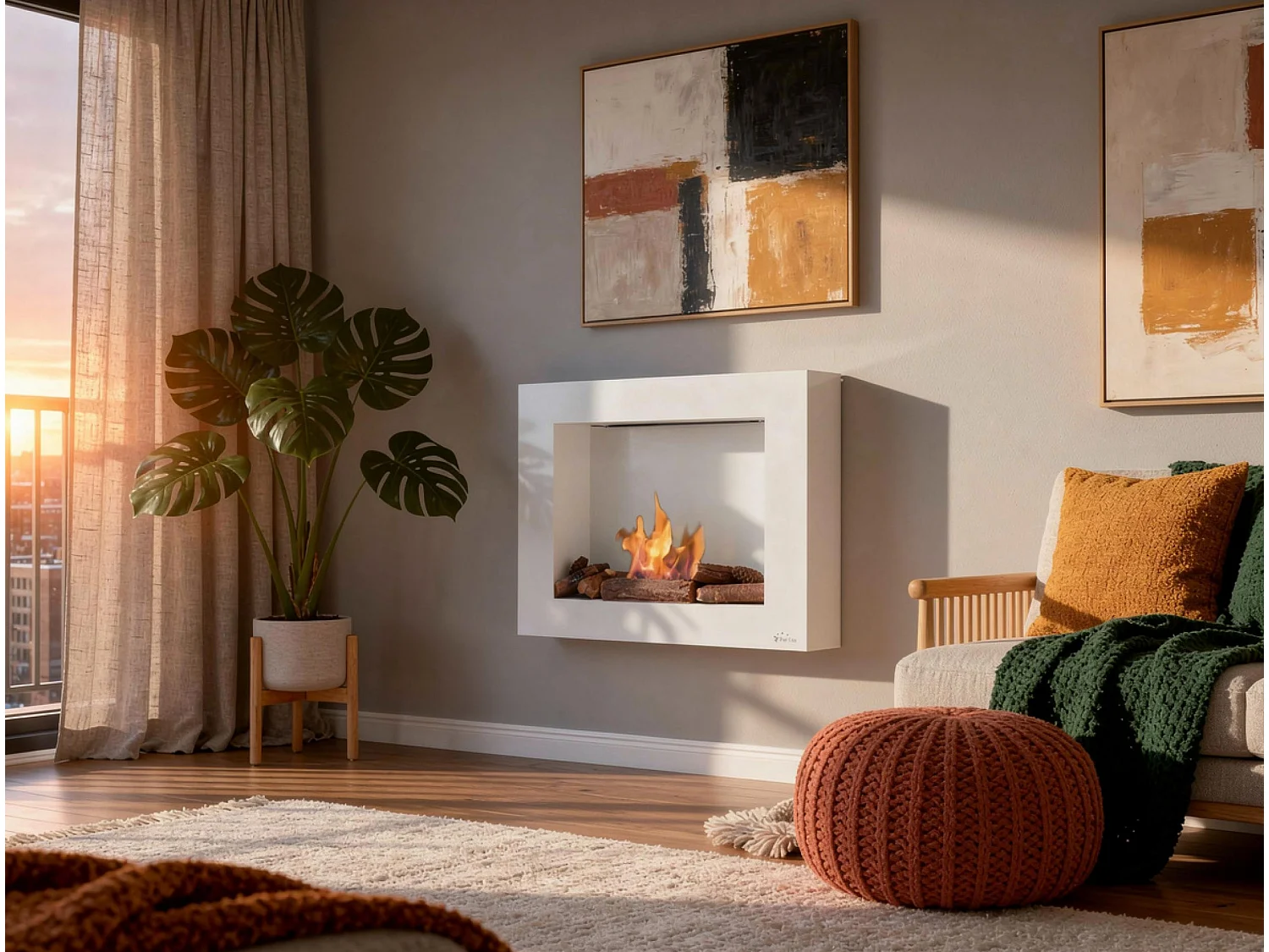 Cheminée éthanol en blanc avec kit de bûches