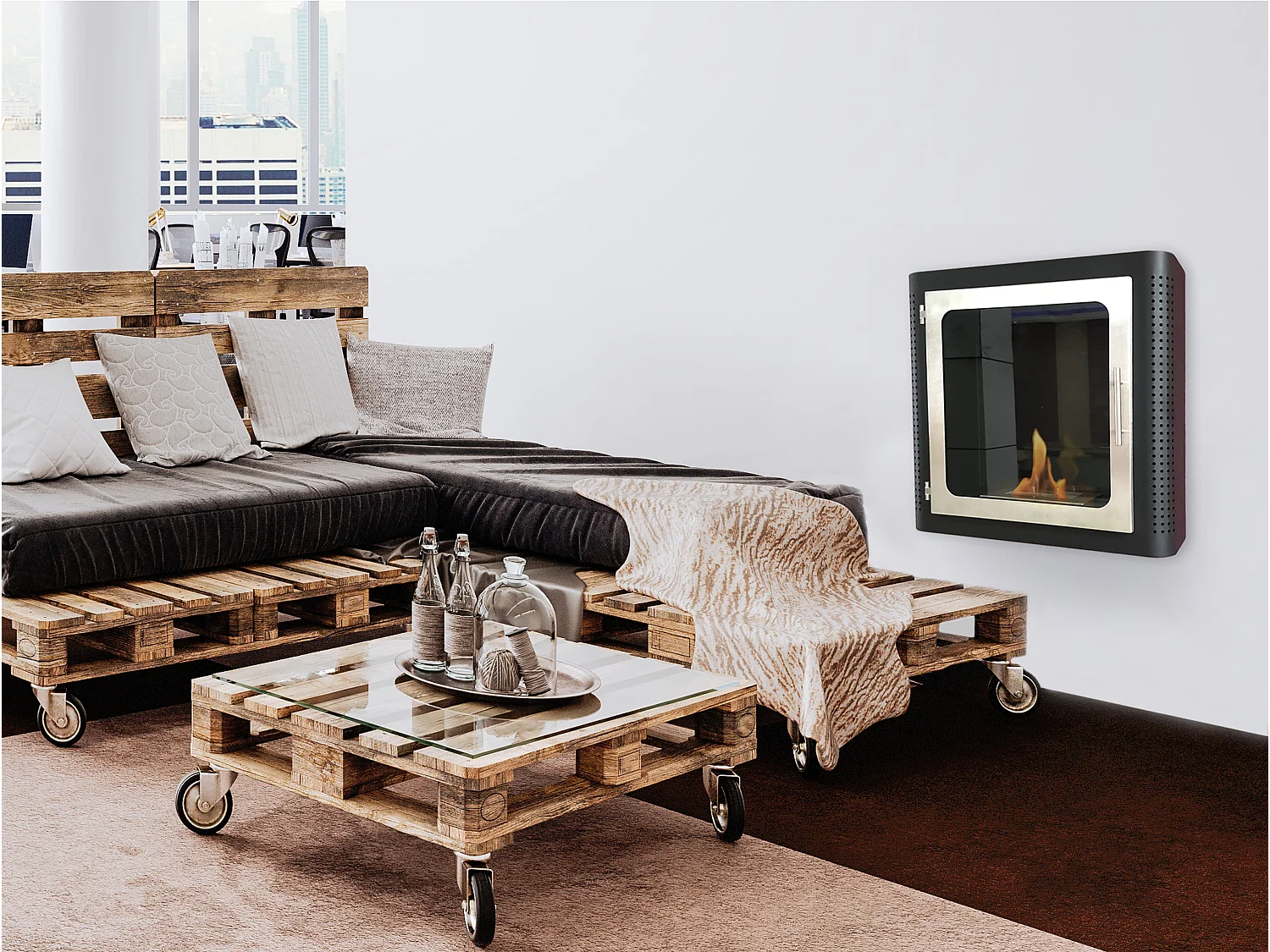 Ethanolhaard, vierkante wandschouw in zwart geëmailleerd staal