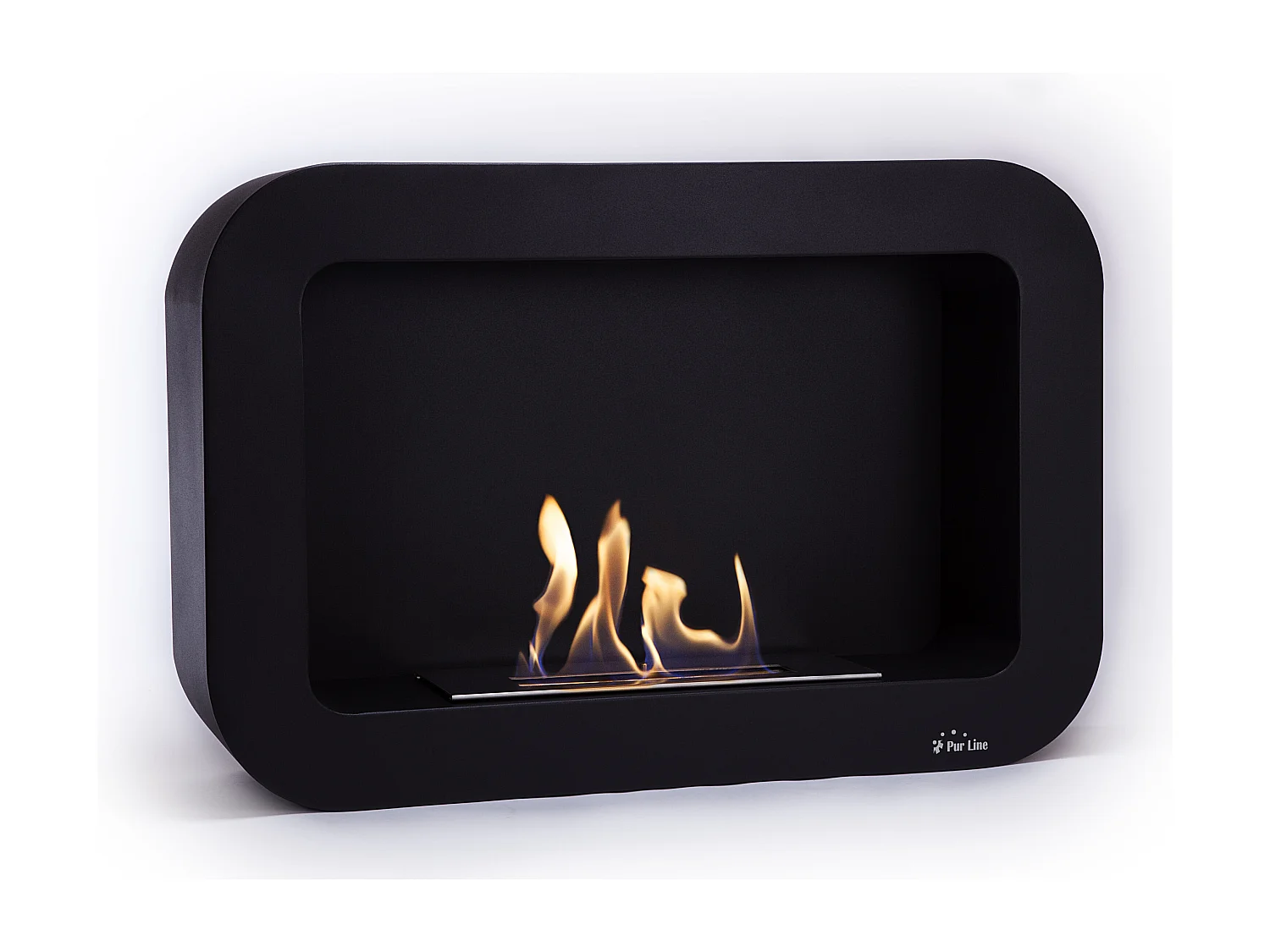 Wand- of vloerstaande ethanolhaard in zwart roestvrij staal met afgeronde punten