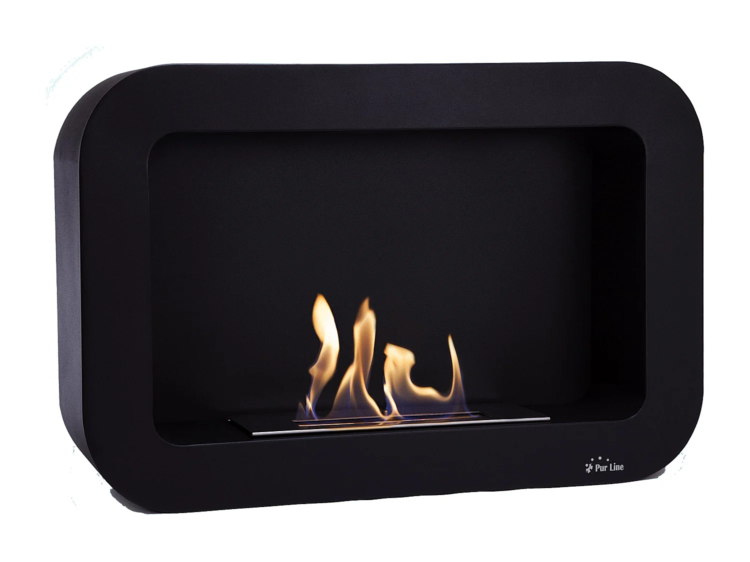 Wand- of vloerstaande ethanolhaard in zwart roestvrij staal met afgeronde punten