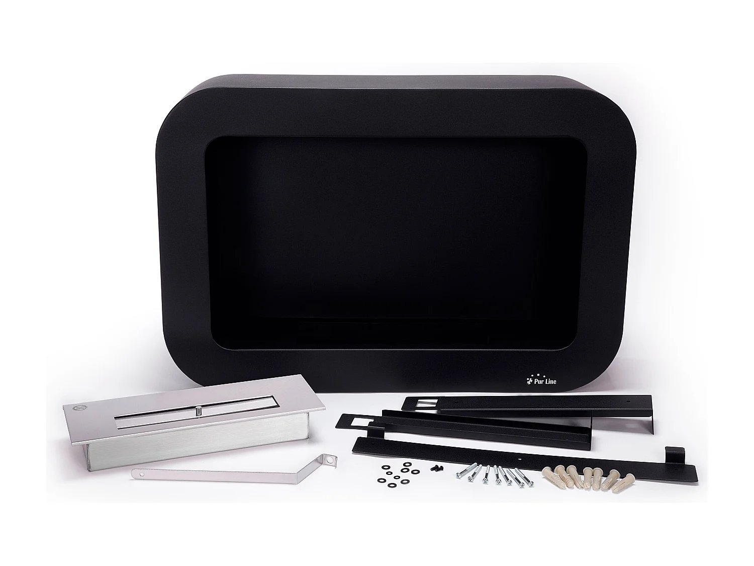 Wand- of vloerstaande ethanolhaard in zwart roestvrij staal met afgeronde punten