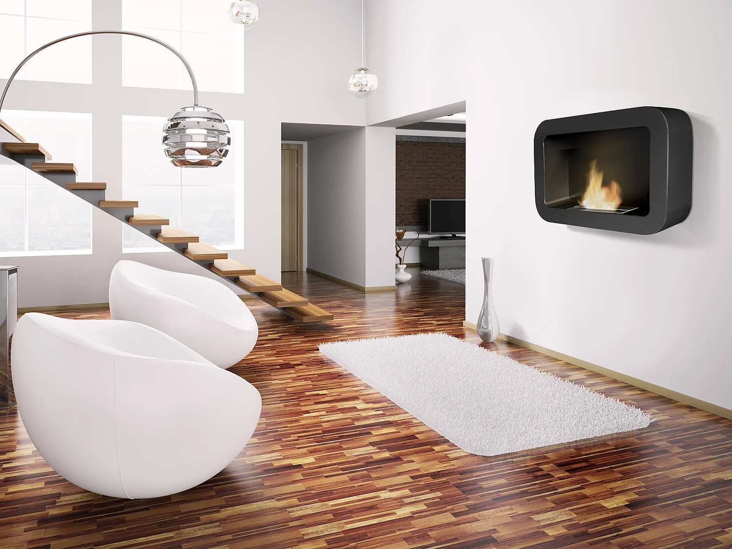 Wand- of vloerstaande ethanolhaard in zwart roestvrij staal met afgeronde punten