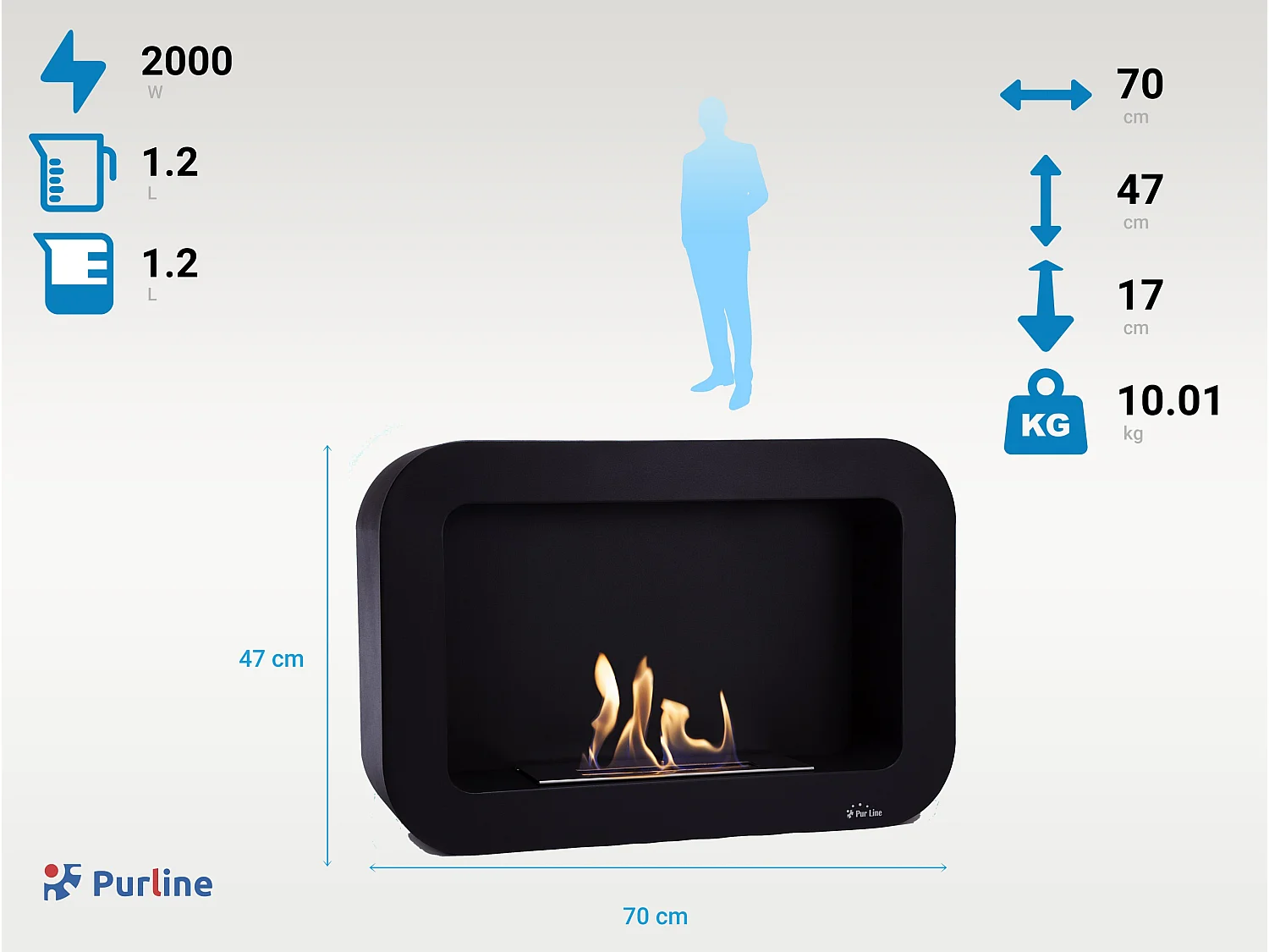 Wand- of vloerstaande ethanolhaard in zwart roestvrij staal met afgeronde punten