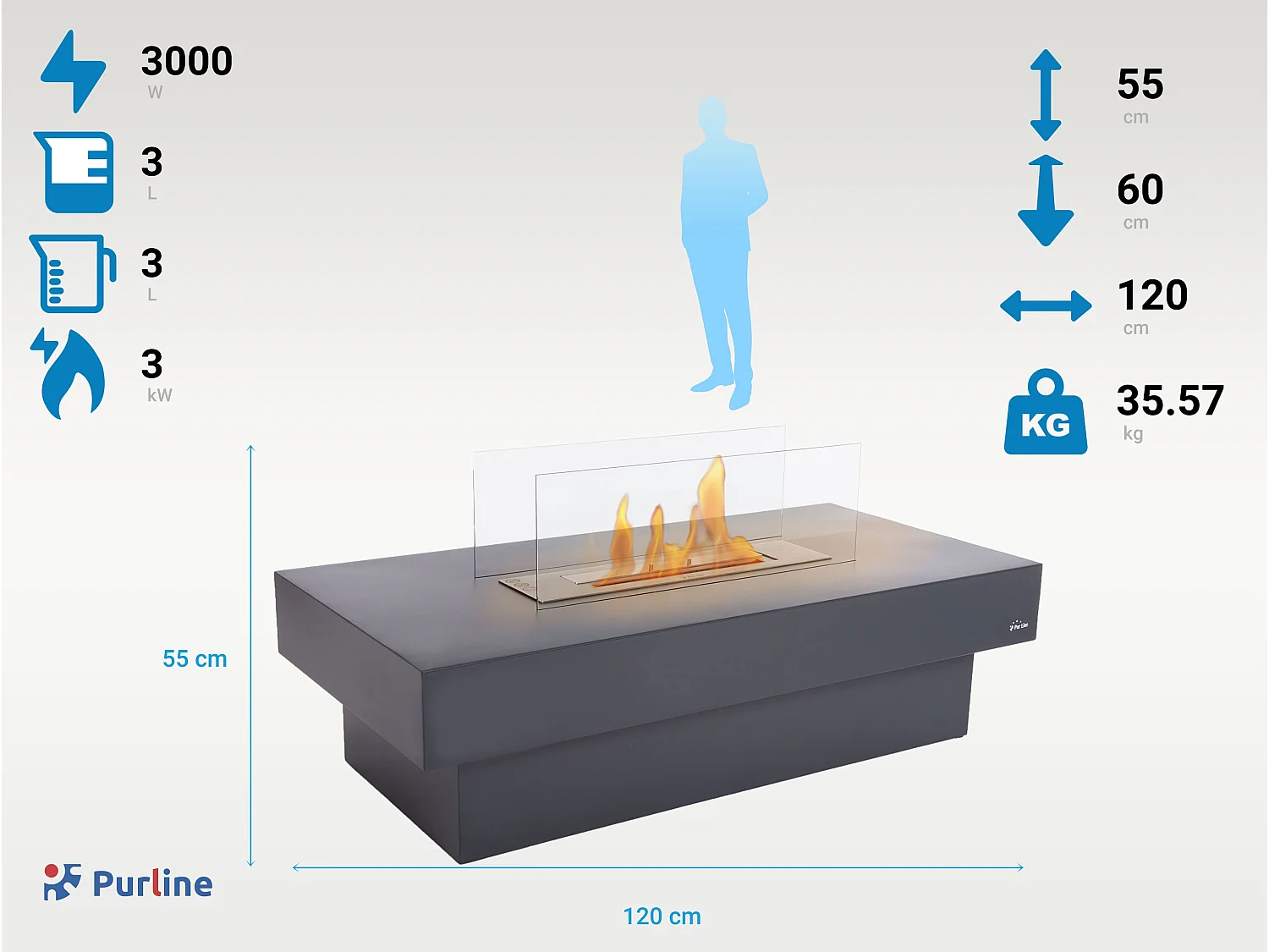 Cheminée éthanol au sol en acier noir avec brûleur central