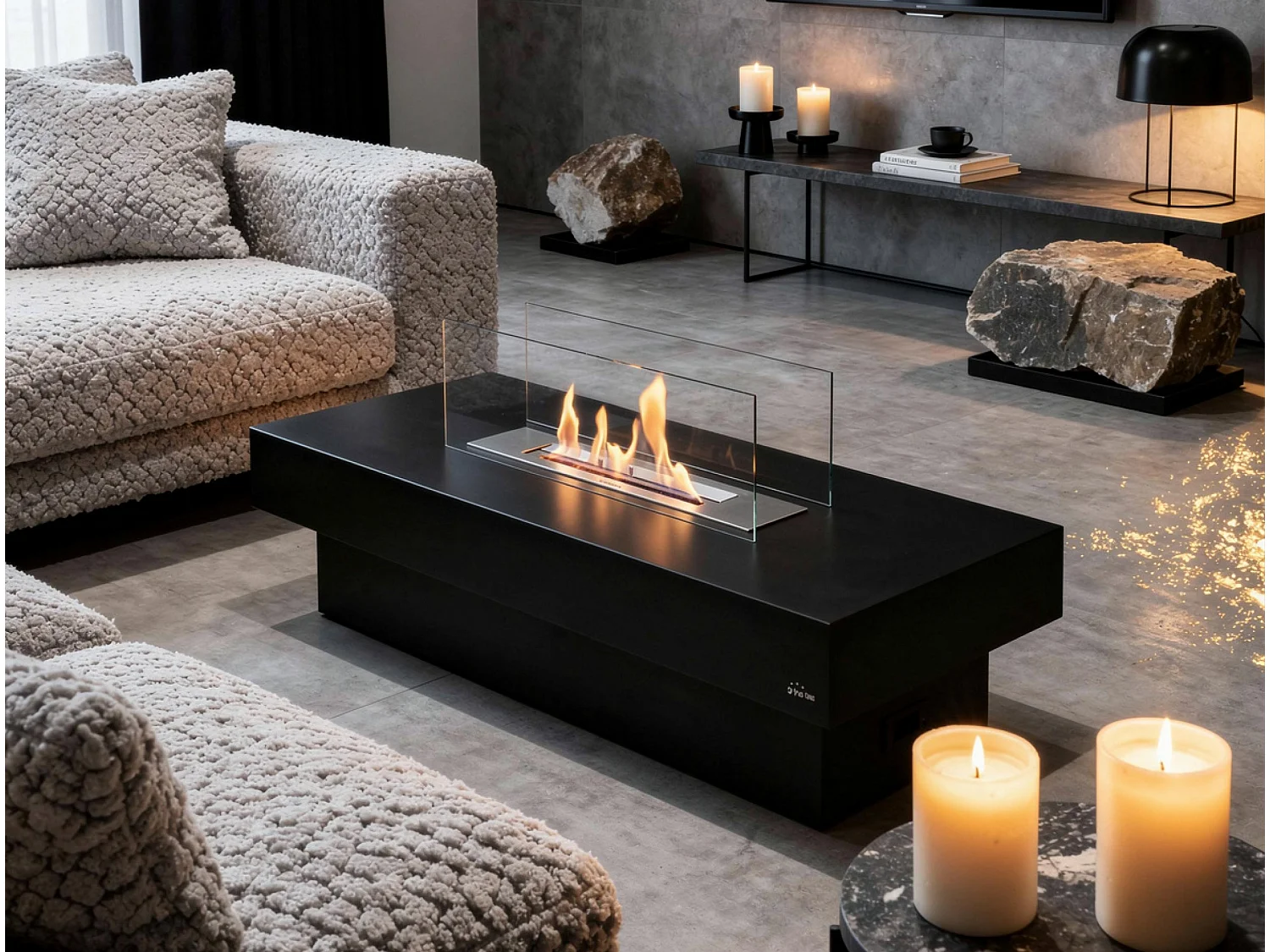 Cheminée éthanol au sol en acier noir avec brûleur central