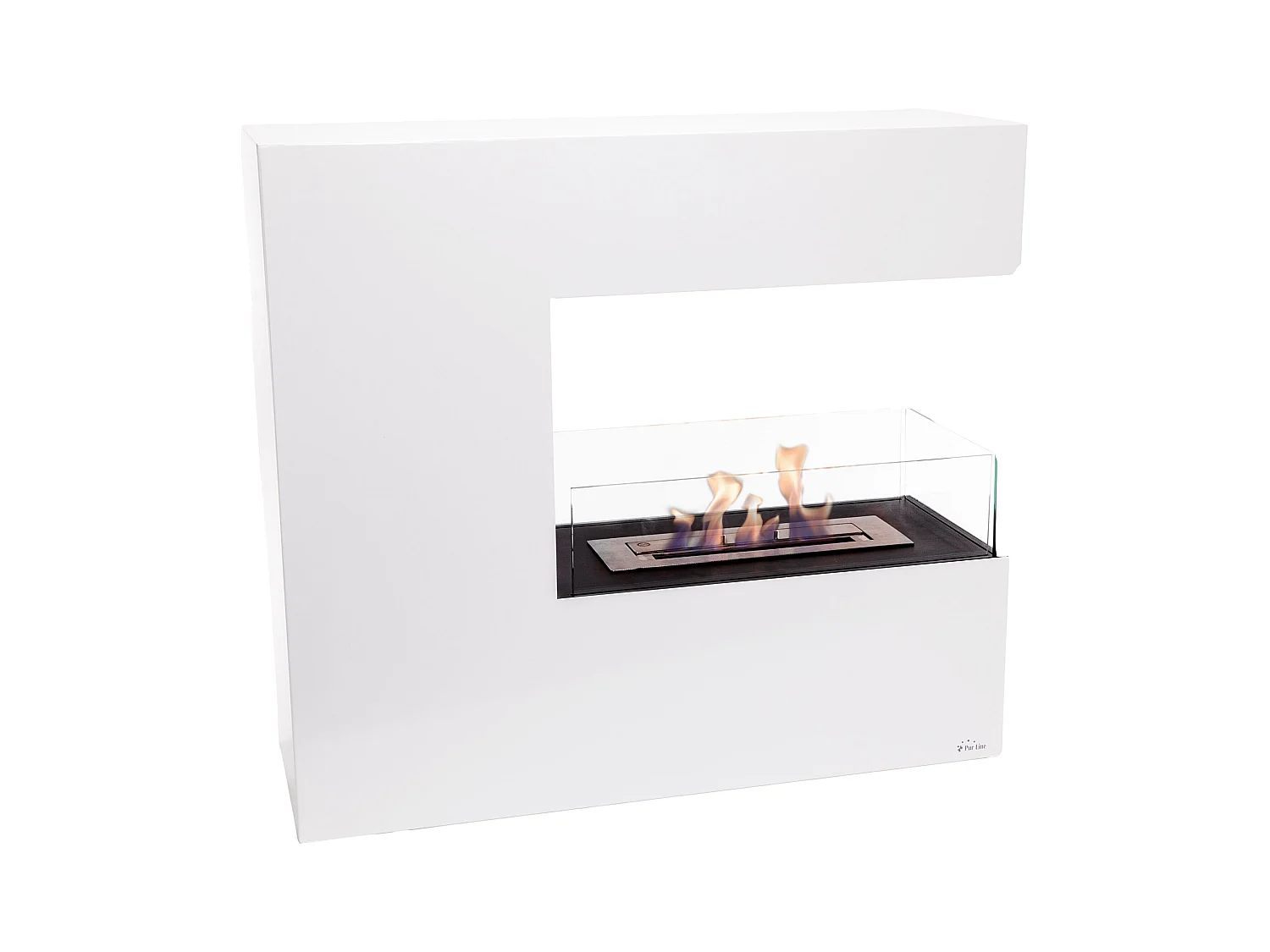 Cheminée à l'éthanol au sol en acier blanc et verre trempé