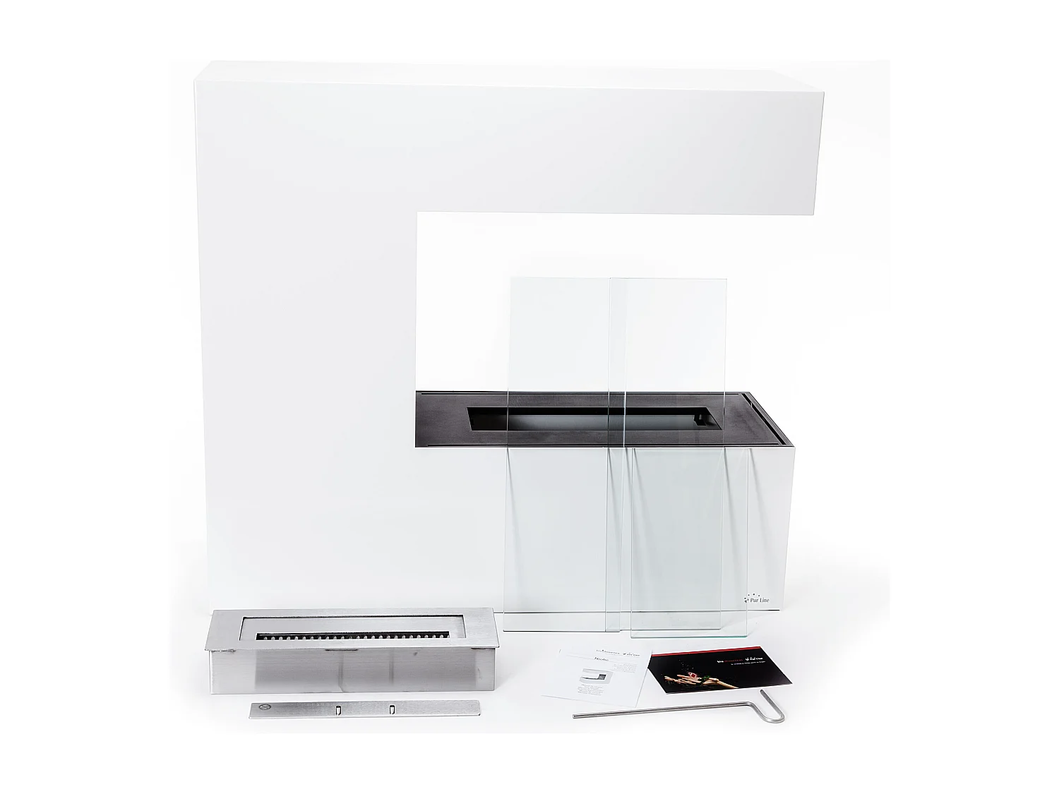 Cheminée à l'éthanol au sol en acier blanc et verre trempé