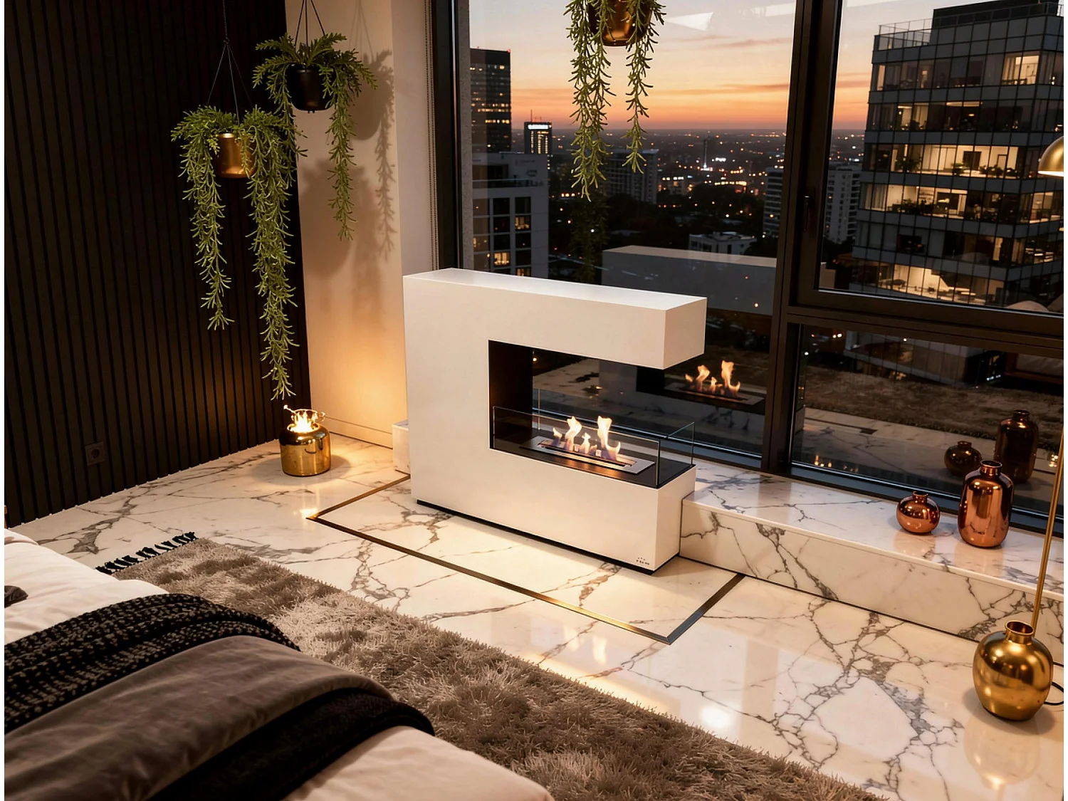 Cheminée à l'éthanol au sol en acier blanc et verre trempé