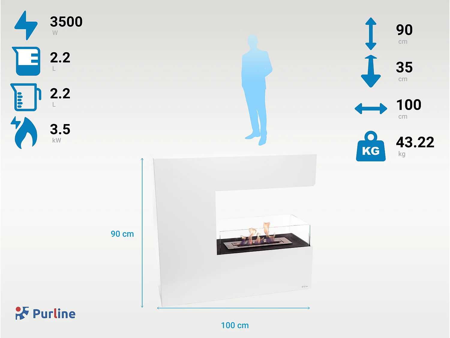 Cheminée à l'éthanol au sol en acier blanc et verre trempé