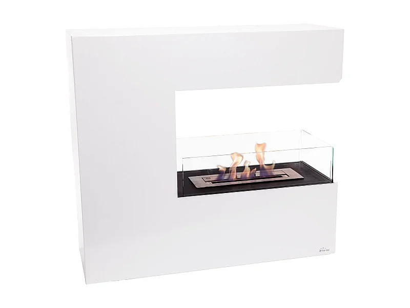 Cheminée à l'éthanol au sol en acier blanc et verre trempé