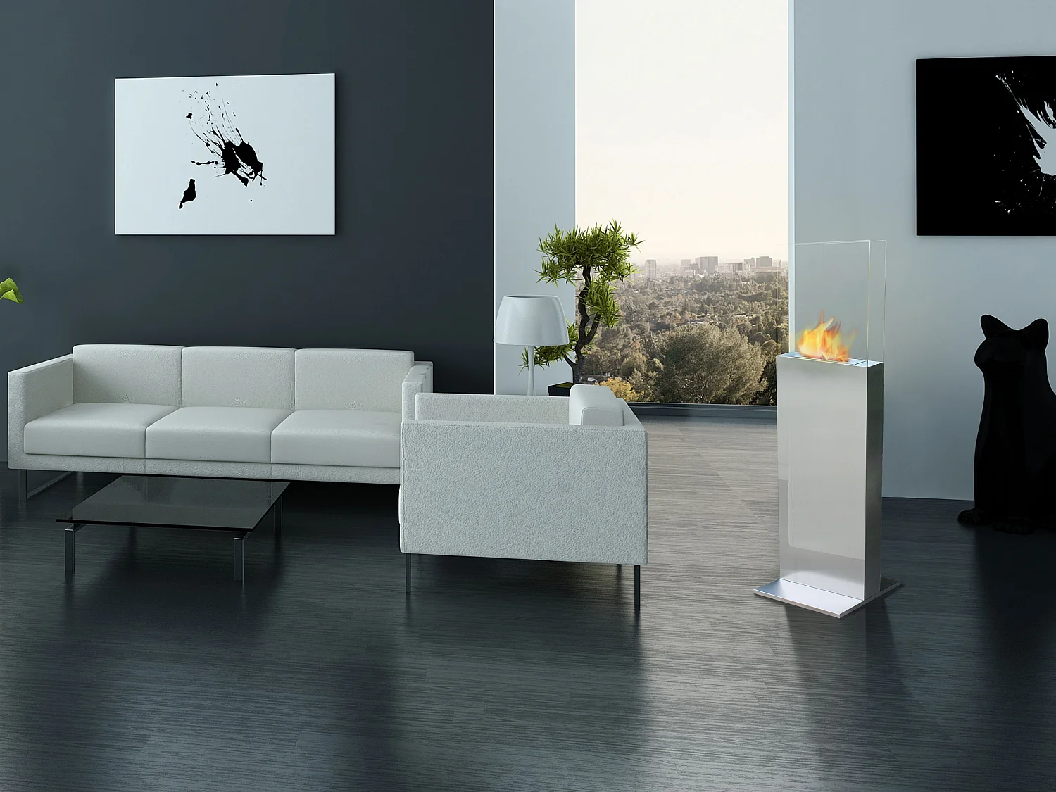 Bodenstehender Ethanol-Kamin, rechteckiges Turmdesign aus Stahl und gehärtetem Glas