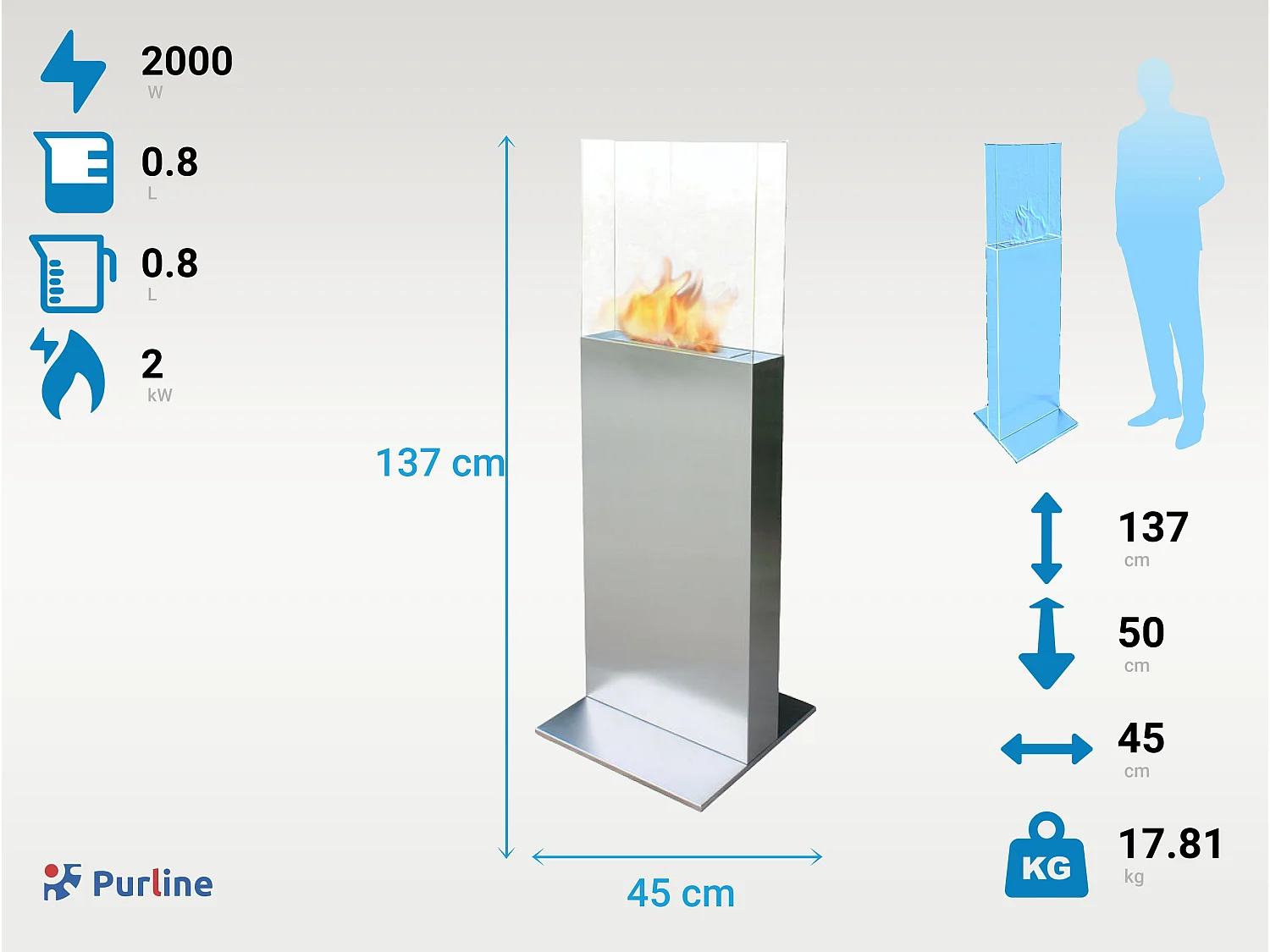 Bodenstehender Ethanol-Kamin, rechteckiges Turmdesign aus Stahl und gehärtetem Glas