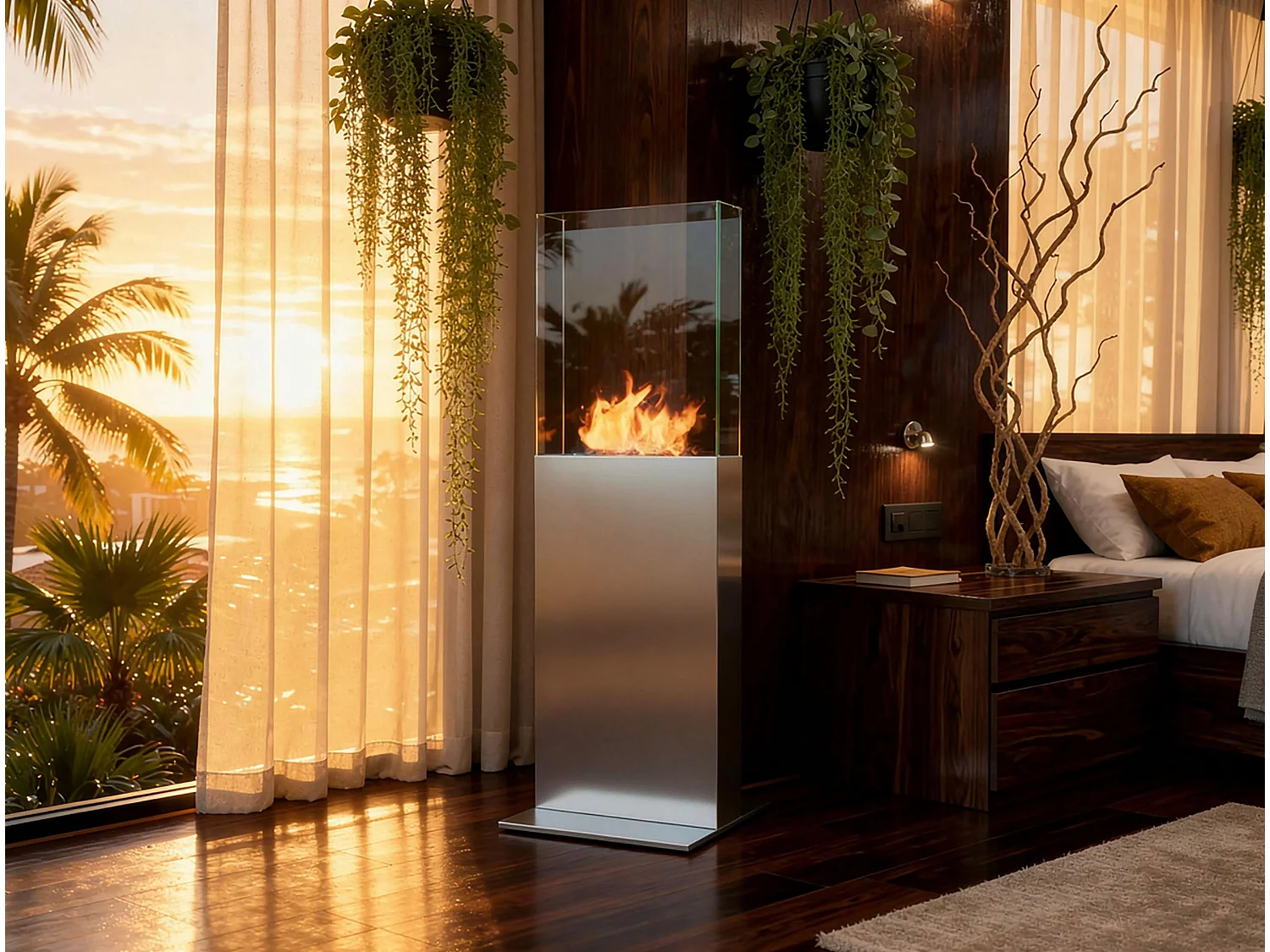 Cheminée à l'éthanol au sol en acier noir et flamme réglable