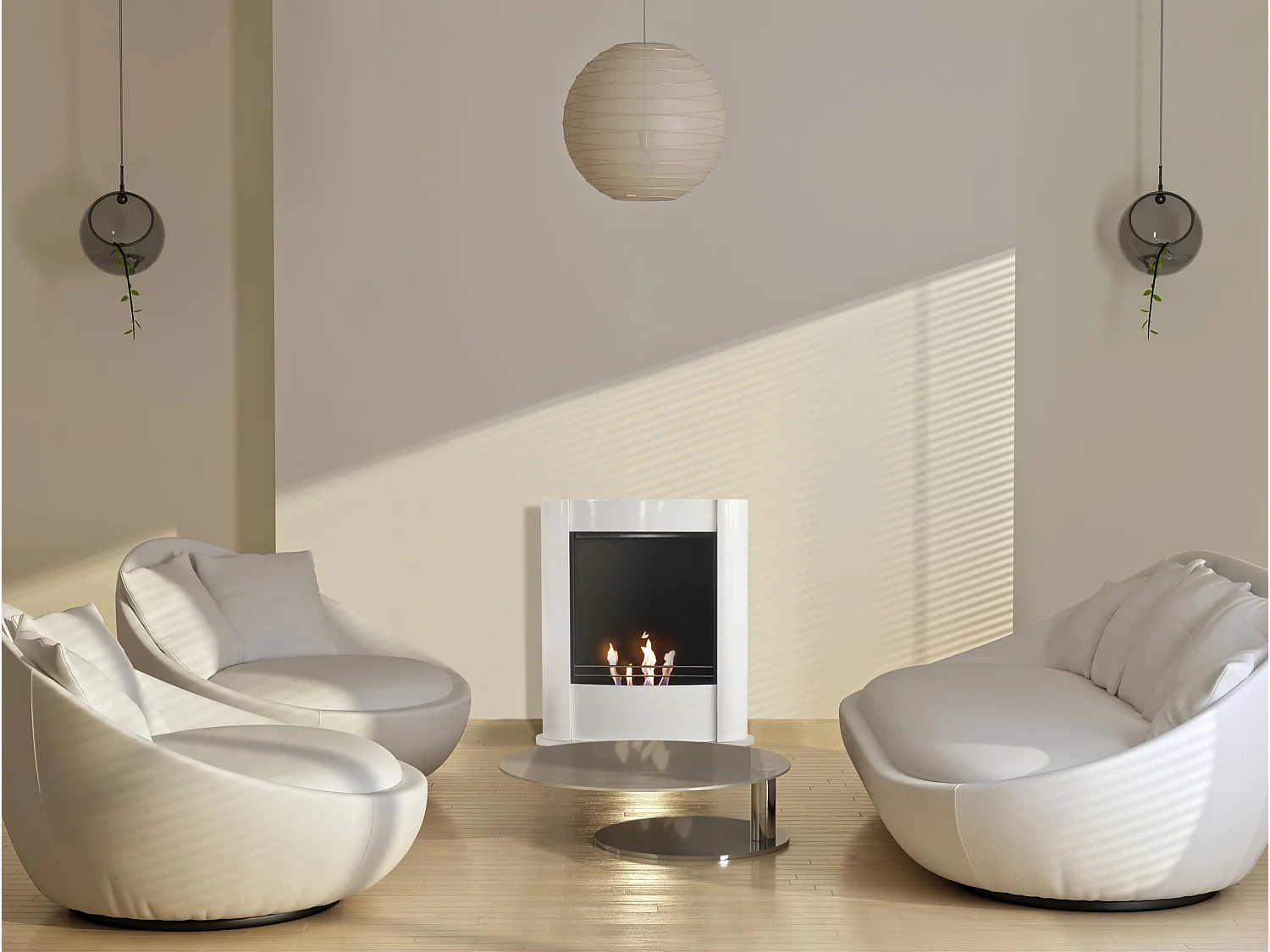 Staande ethanolhaard, rechthoekig ontwerp in wit staal