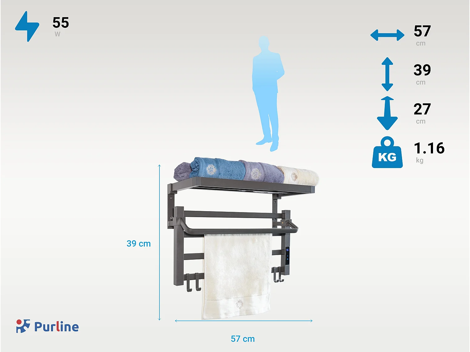Sèche-serviettes électrique avec étagère gris anthracite 55W