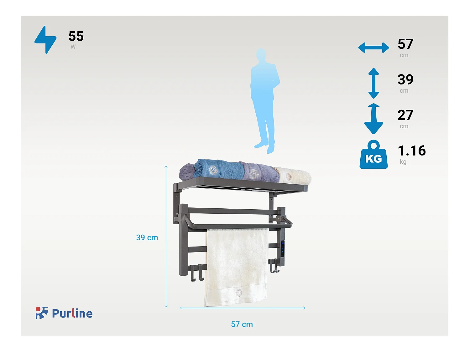 Toallero eléctrico con estante color gris antracita 55W