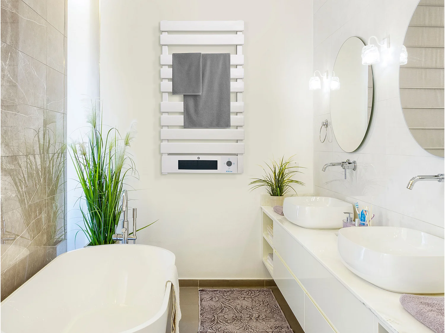 Elektrisch handdoekrek 1500W in aluminium, wit, LED-display en WiFi-bediening