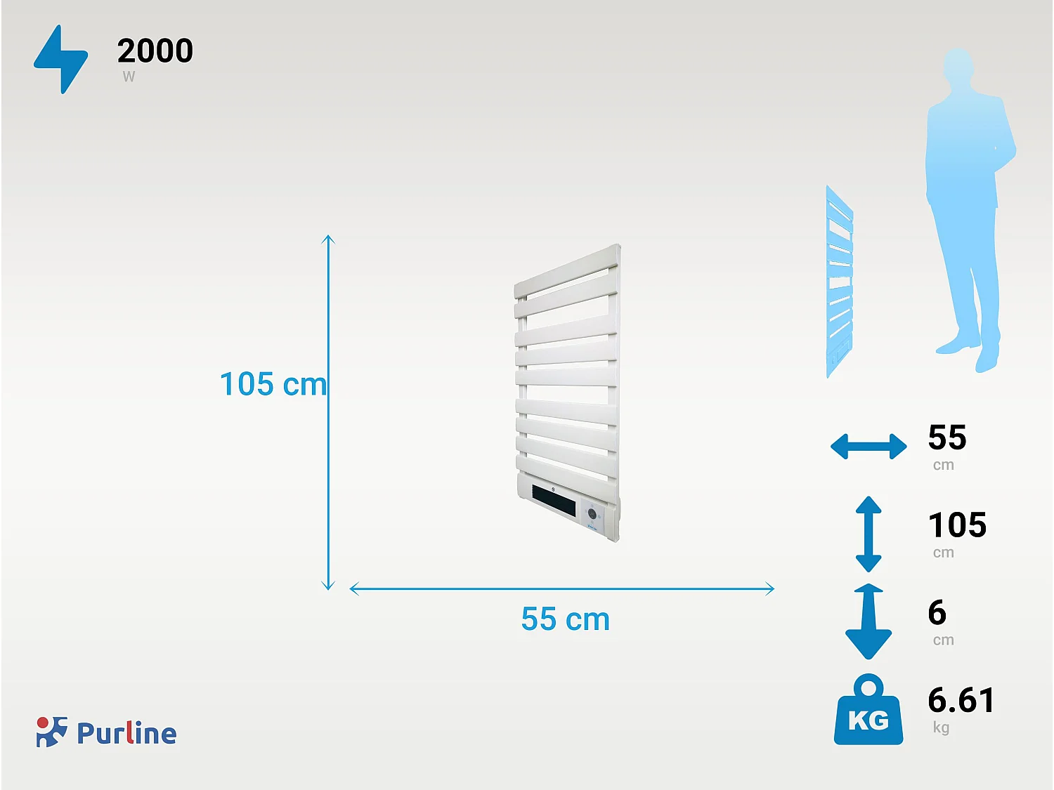 Elektrisch handdoekrek 1500W in aluminium, wit, LED-display en WiFi-bediening
