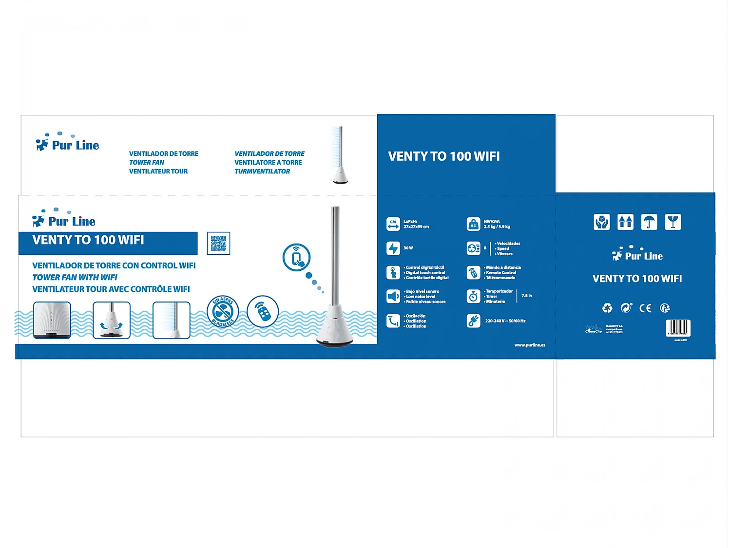 Ventilateur tour 100 ultra-silencieux avec 8 vitesses