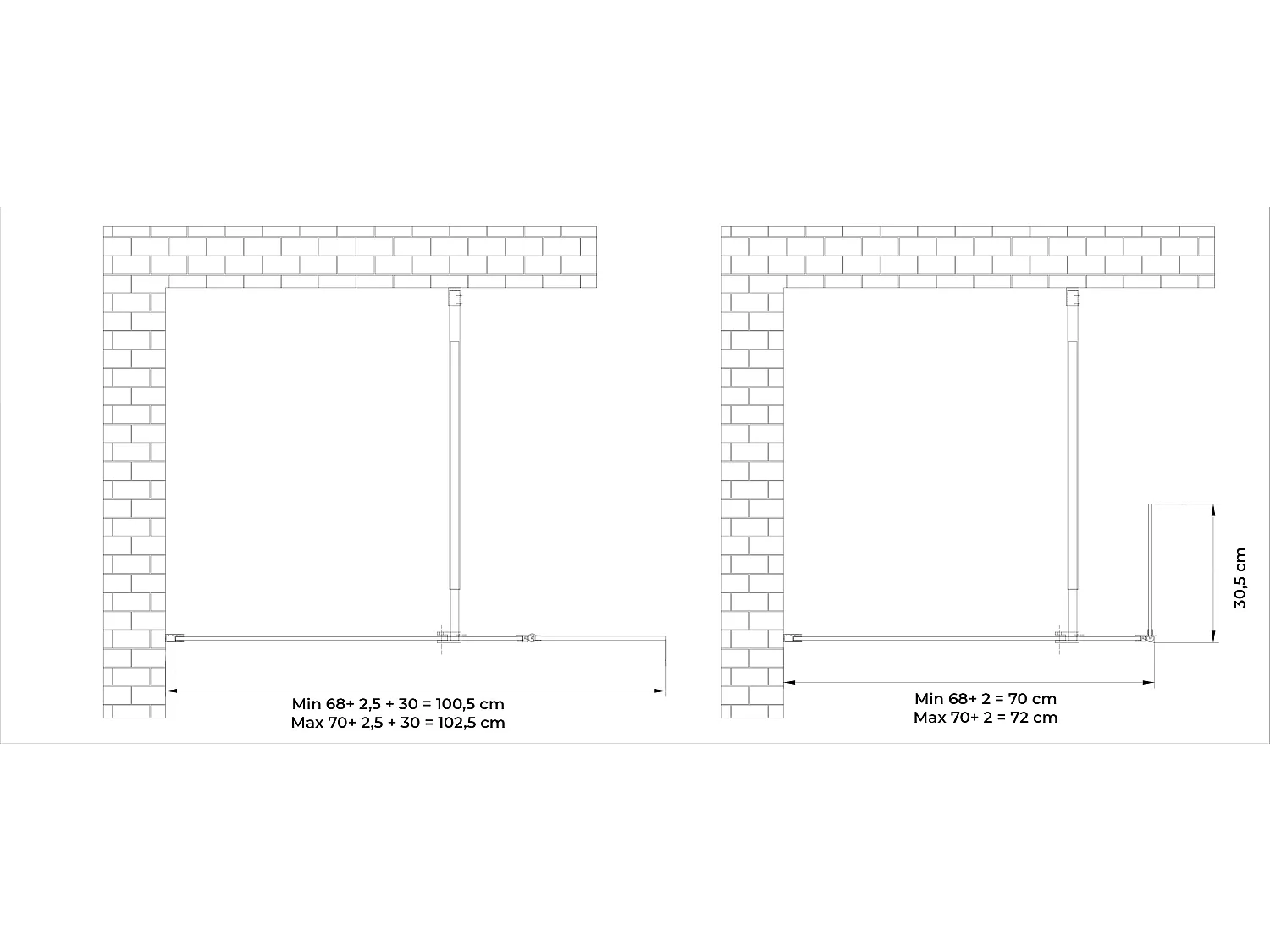 Parete doccia Walk In con anta mobile paraspruzzi vetro temprato 8mm H 200 cm misura 70 cm lastra + 30 cm antina