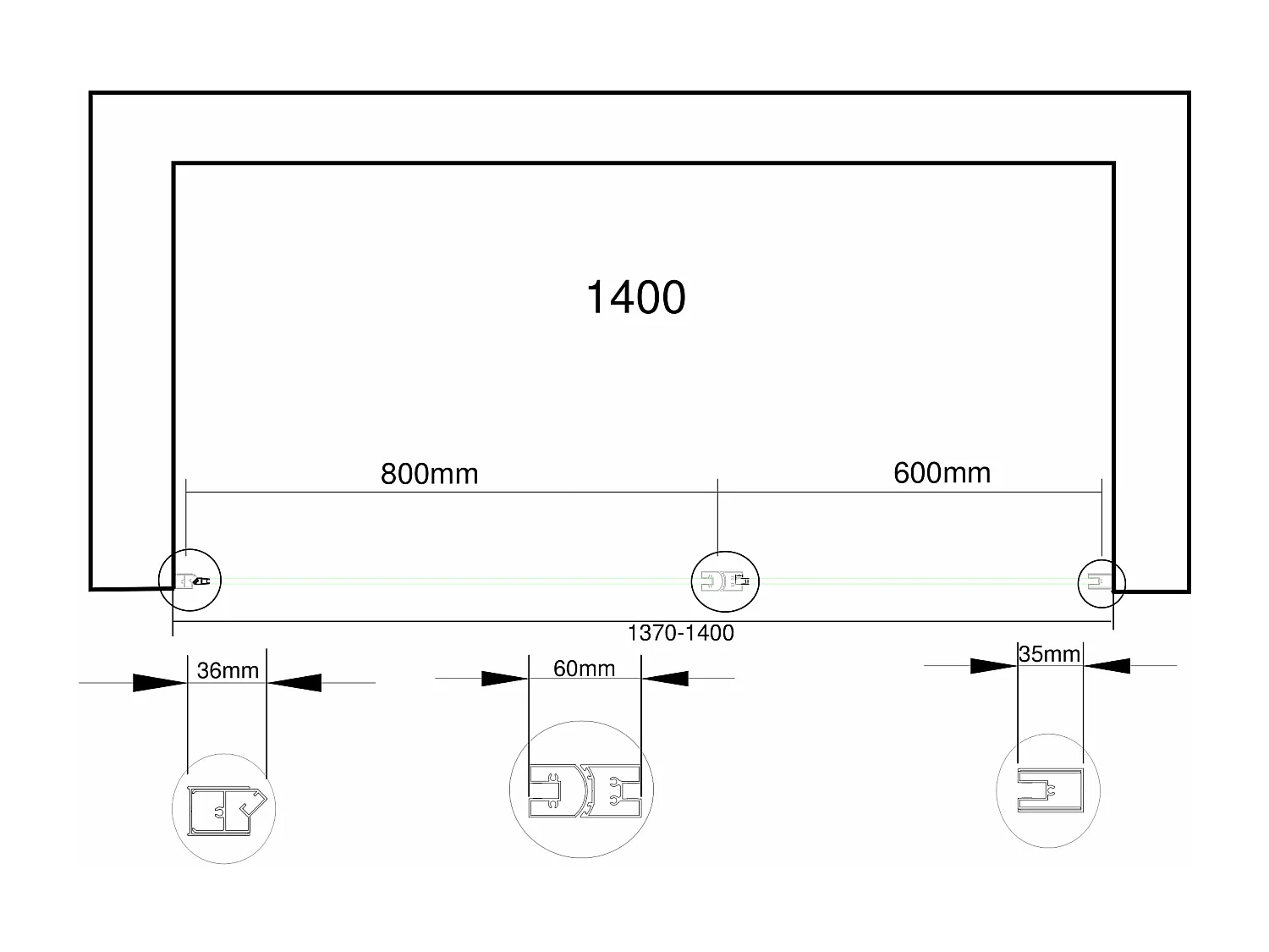 Porte de douche de 6 mm avec un petite paroi et une porte à battant dans la même ligne – 137-140 cm