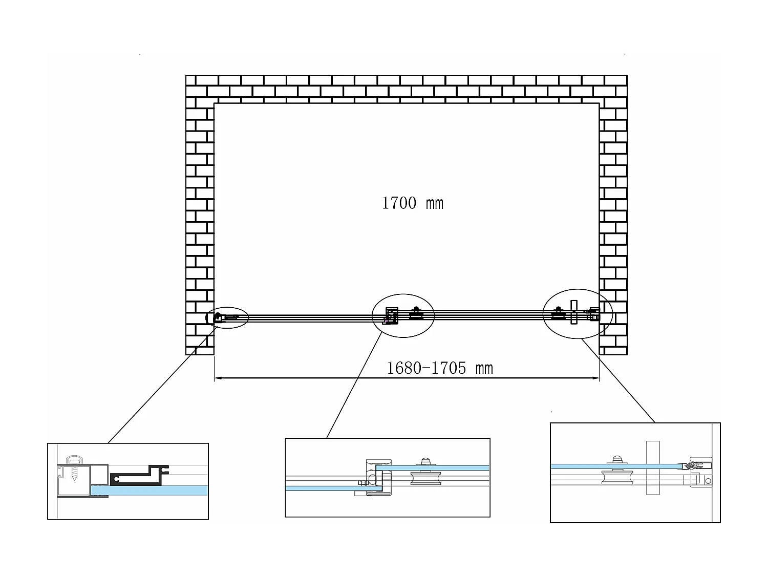 Porta doccia vetro 8 mm per installazione in nicchia Altezza 190 cm installazione reversibile cm 170 (regolabile 168-160,5)