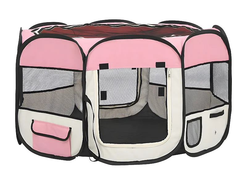 Parque dobrável p/ cão c/ saco de transporte 110x110x58cm rosa PT865010