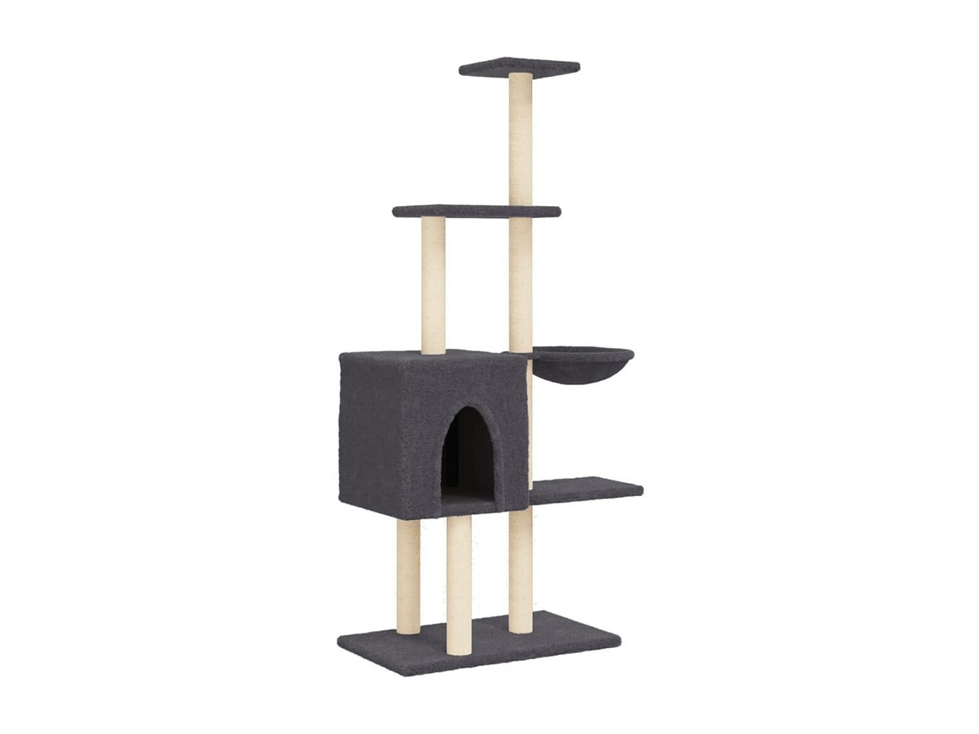 Albero Per Gatti Con Tiragraffi In Sisal 145cm - Grigio Scuro, Con Casetta, Cesto E Piattaforme, In Legno E Peluche