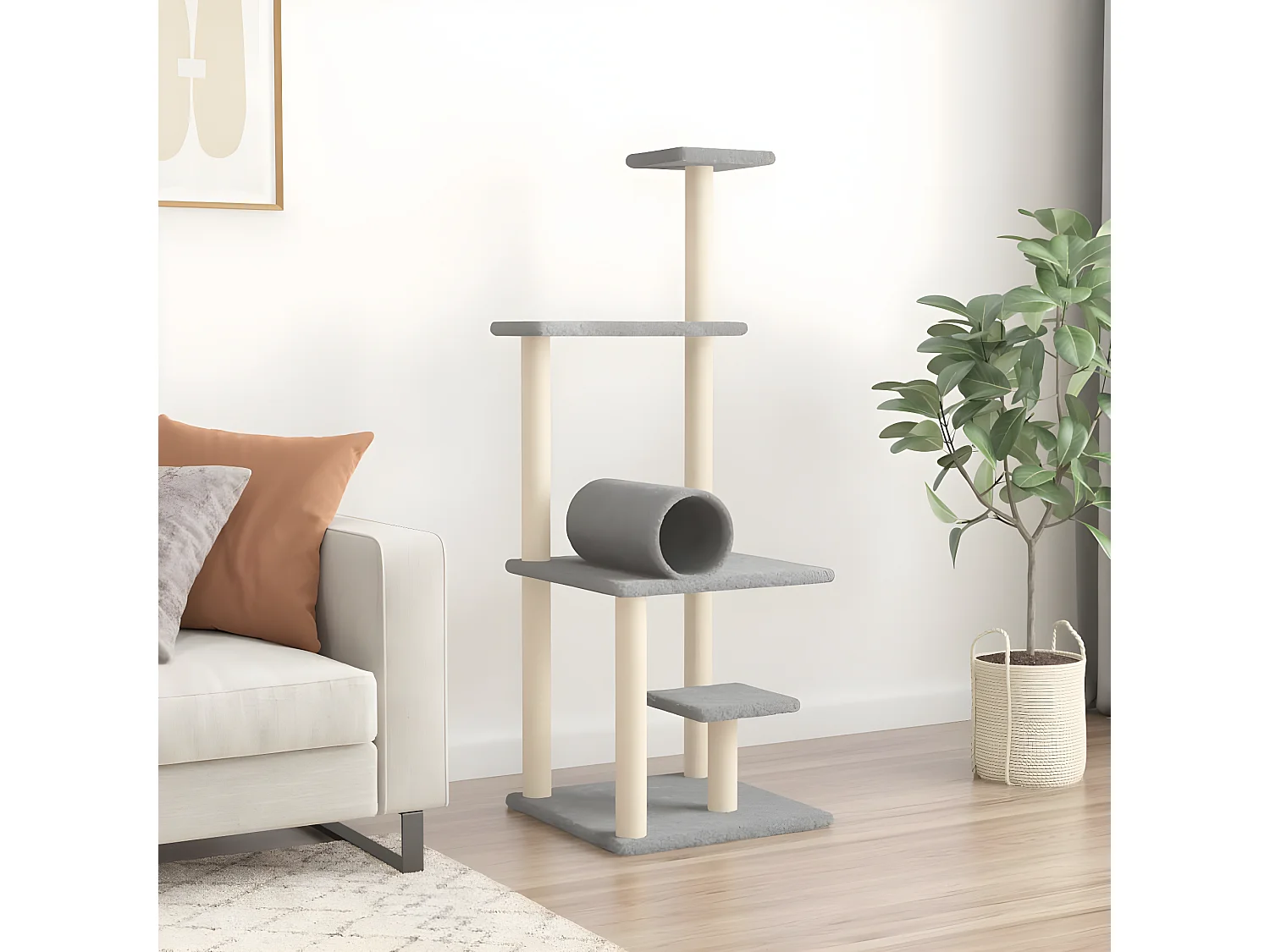 Rascador para gatos con postes de sisal gris claro 136 cm ES353209