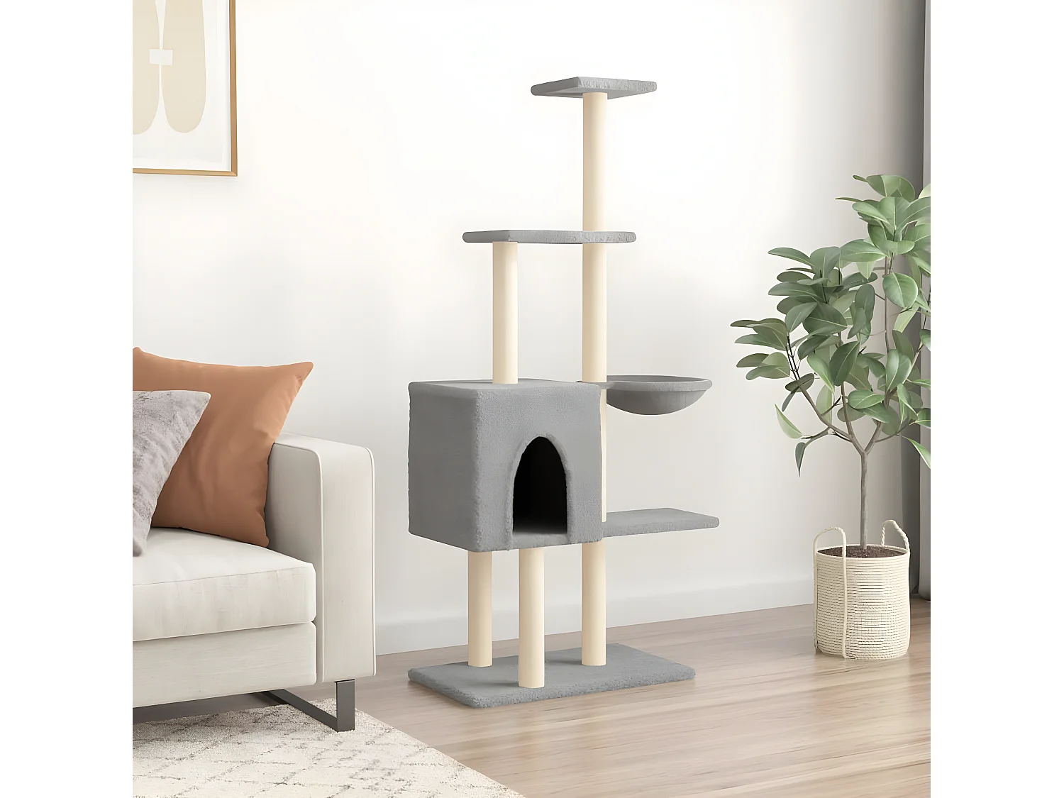 Rascador para gatos con postes de sisal gris claro 145 cm ES572695