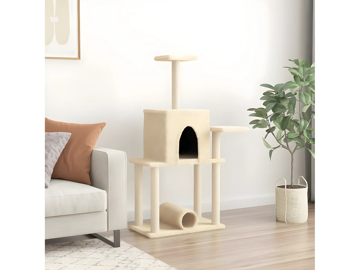 Árvore para gatos c/ postes arranhadores sisal 122 cm cor creme PT304734