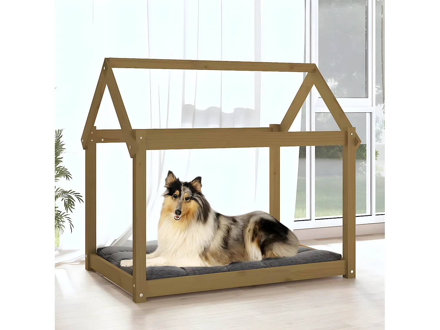 Cama para perros madera maciza pino marrón miel 101x70x90 cm ES533197