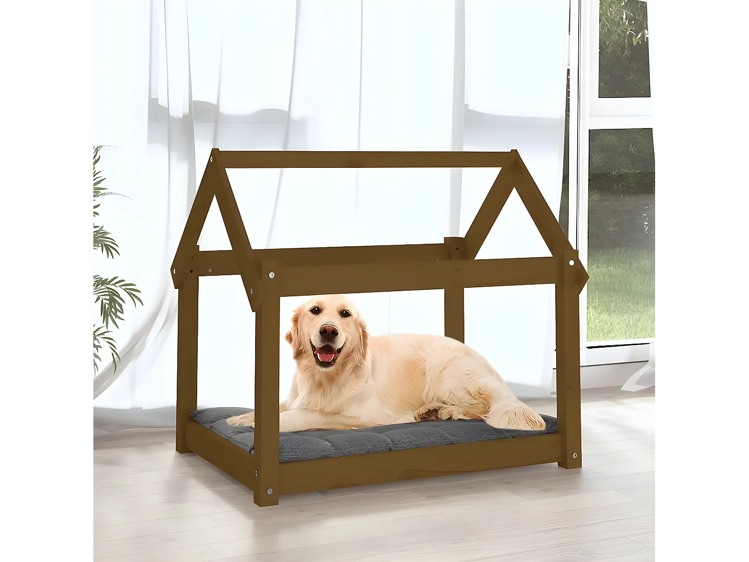 Cama para perros madera maciza pino marrón miel 81x60x70 cm ES243895