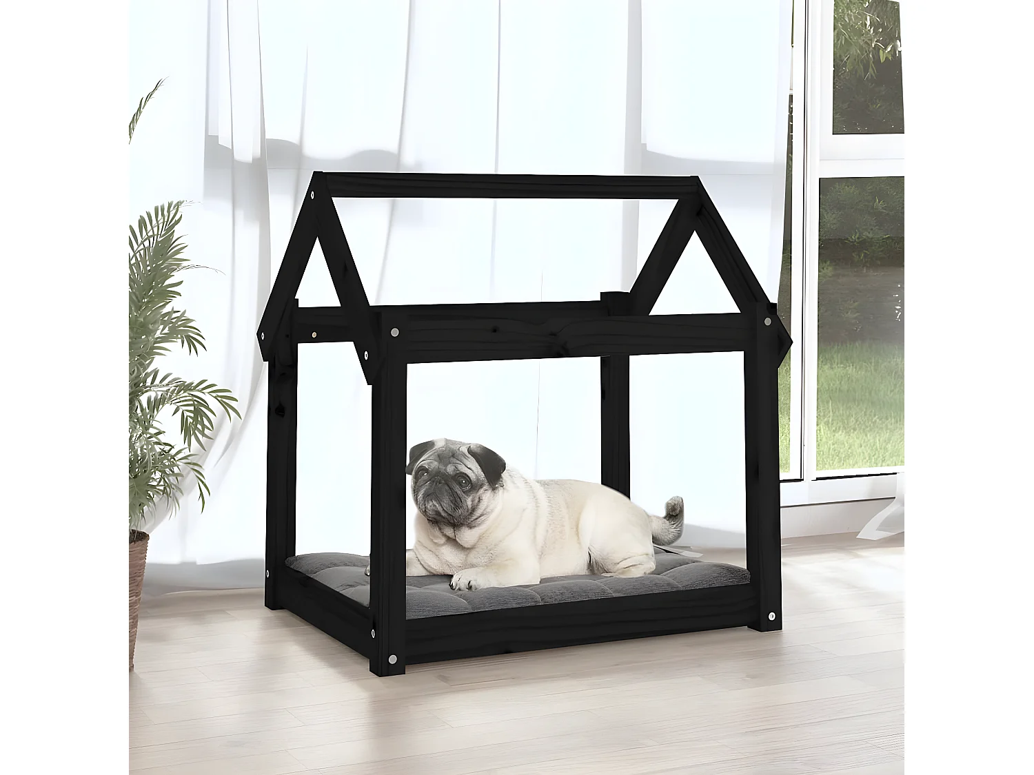 Cama para cães 71x55x70 cm madeira de pinho preto PT188260