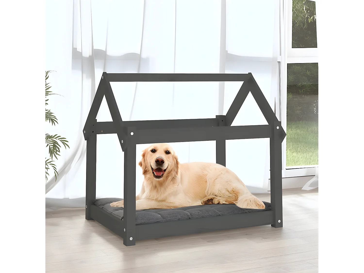 Cama para perros madera maciza de pino gris 81x60x70 cm ES176946