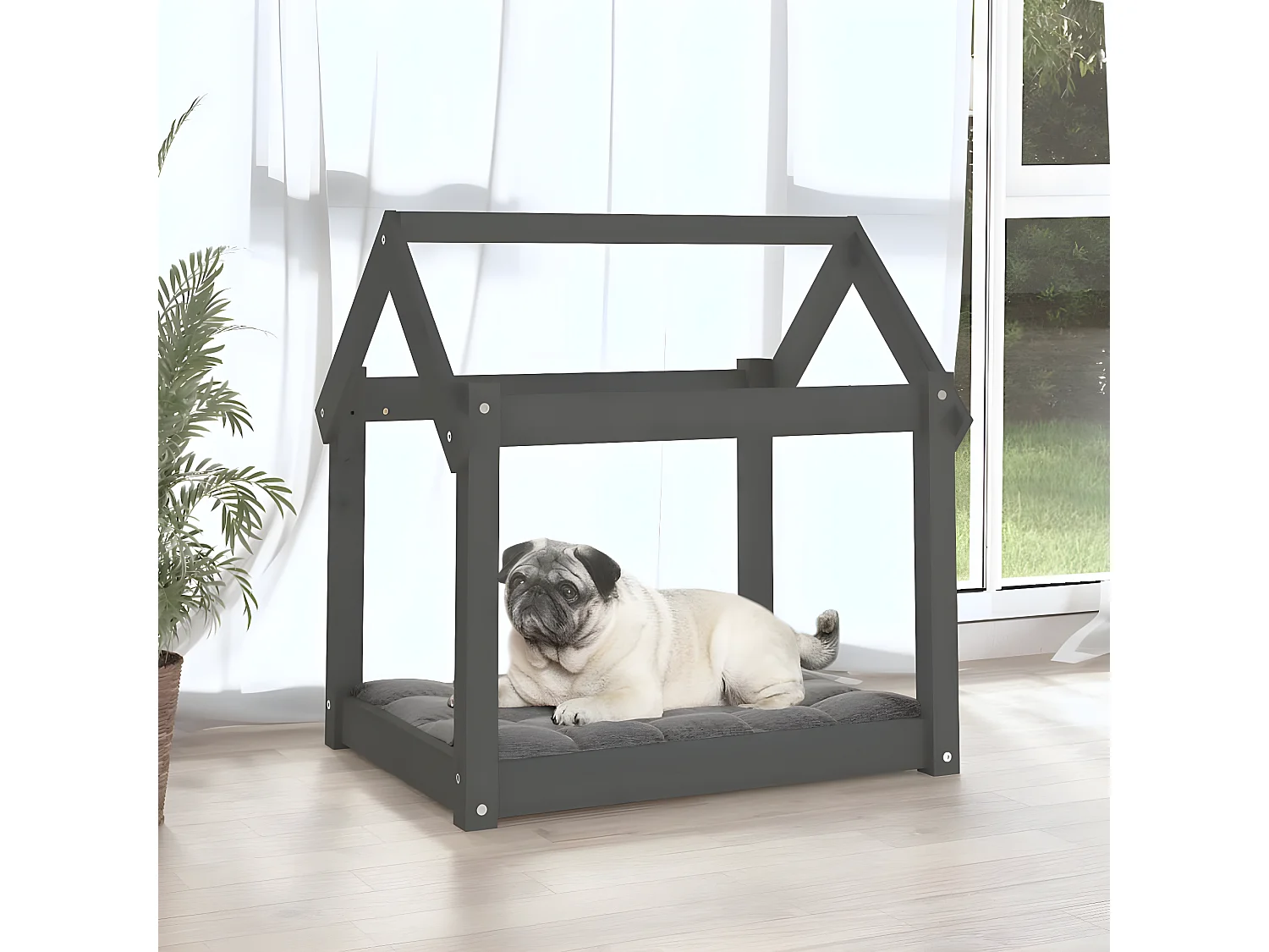 Cama para perros madera maciza de pino gris 71x55x70 cm ES354763