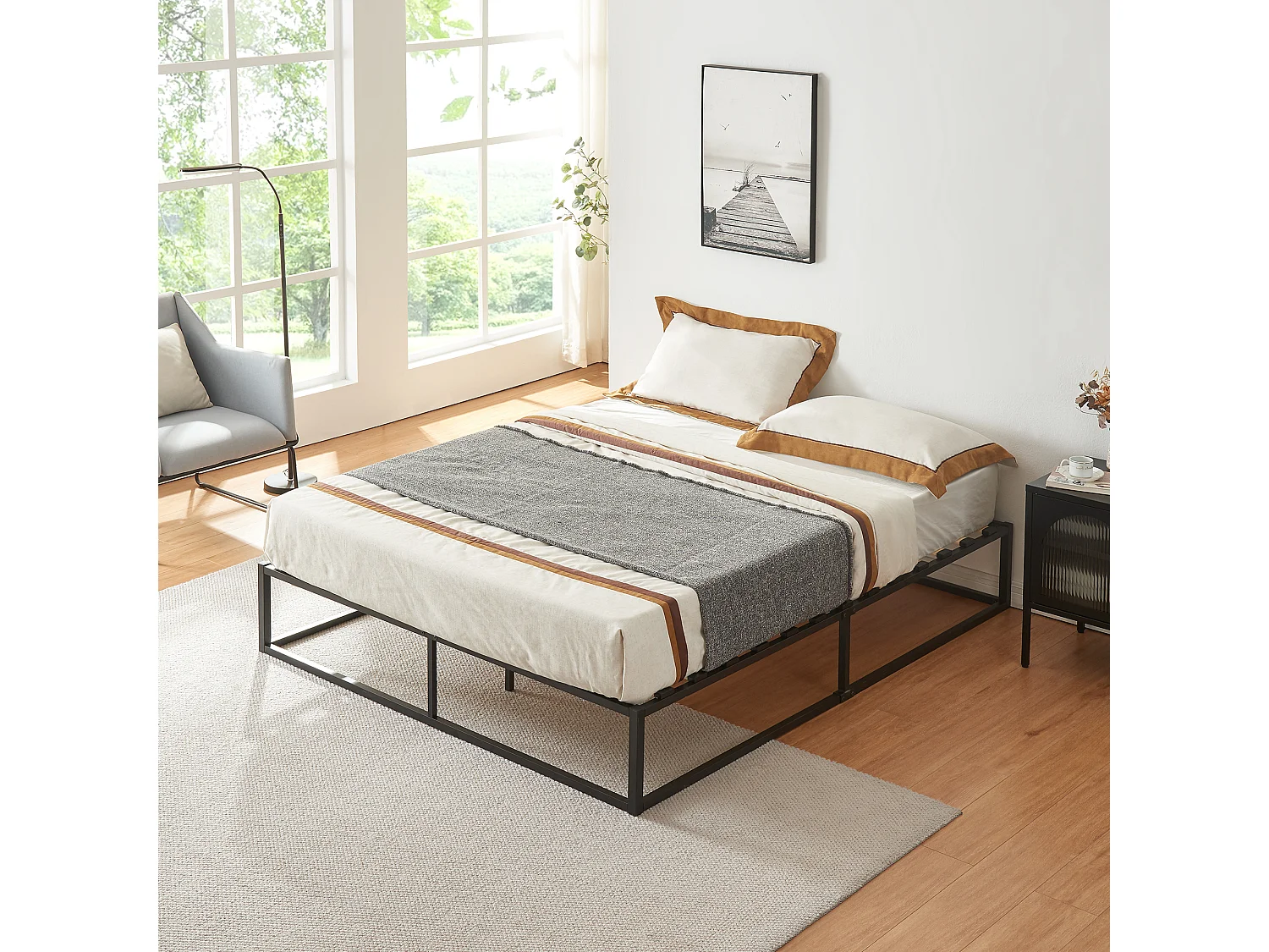 Cadre de Lit Kreta Métallique avec Sommier à Lattes 160x200 cm Noir [en.casa]