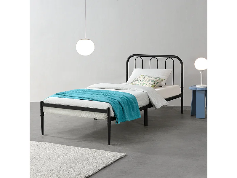 Cadre de Lit simple Hanko Acier Laqué 90 x 200 cm Noir Mat [en.casa]