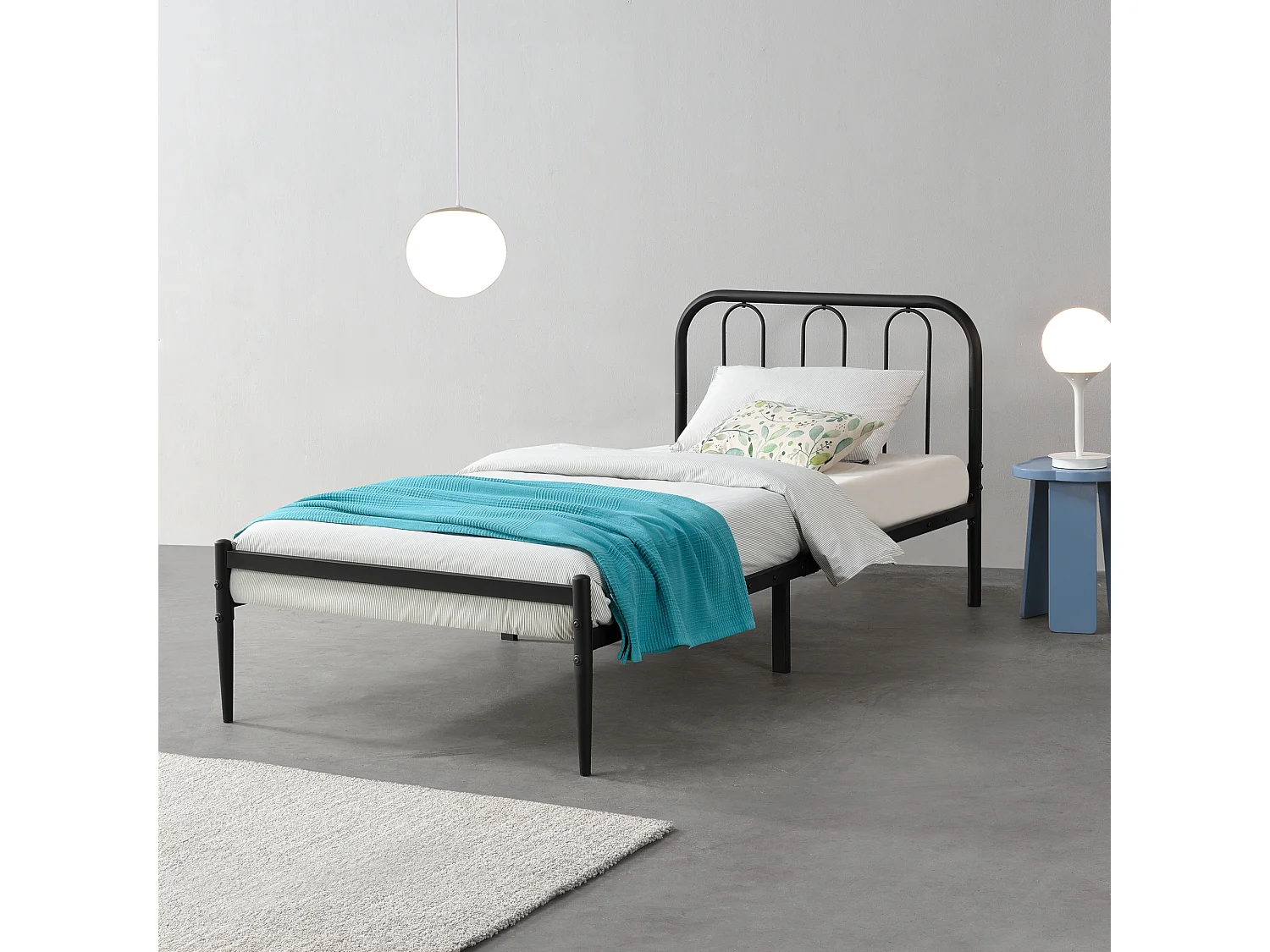 Cadre de Lit simple Hanko Acier Laqué 90 x 200 cm Noir Mat [en.casa]