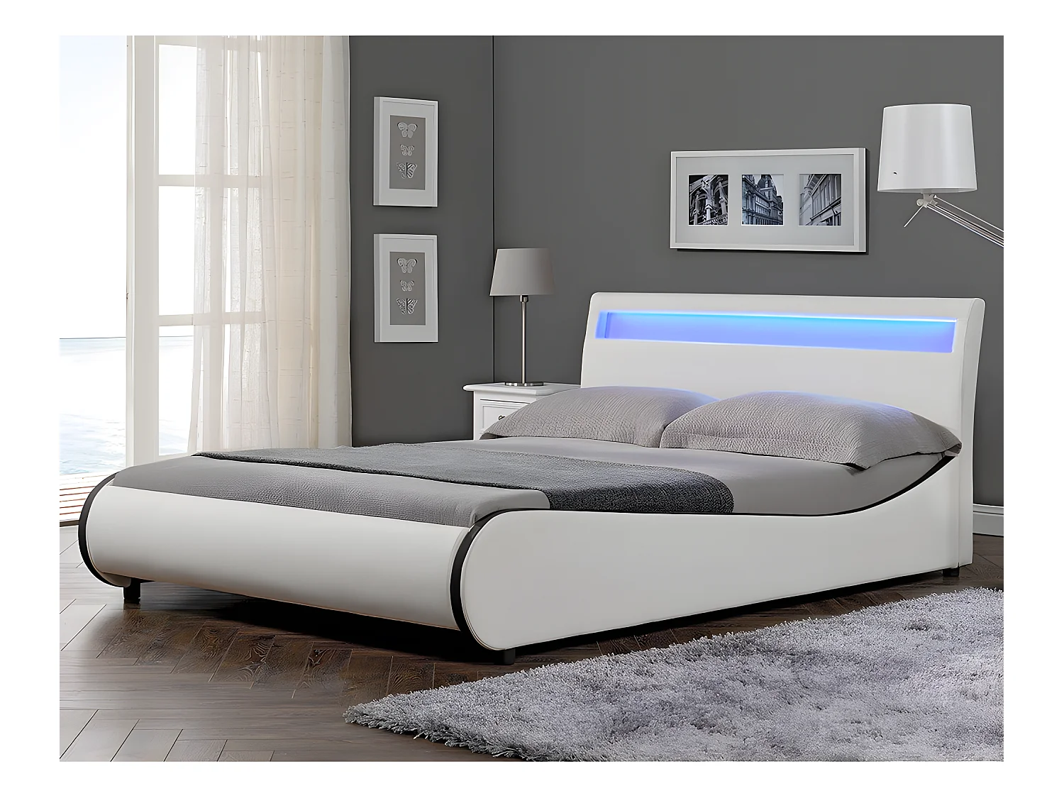 Cadre de Lit Double Valencia à LED 180 x 200cm Simili avec Sommier à Lattes Blanc Corium