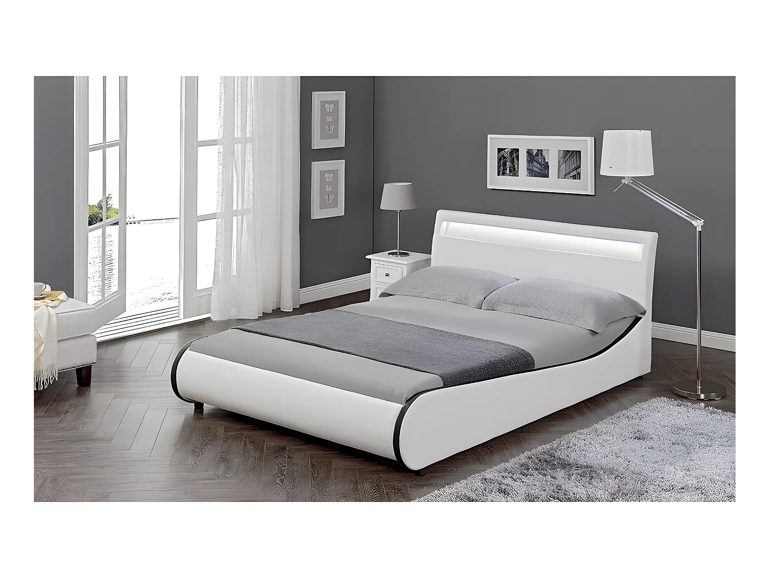Cadre de Lit Double Valencia à LED 180 x 200cm Simili avec Sommier à Lattes Blanc Corium