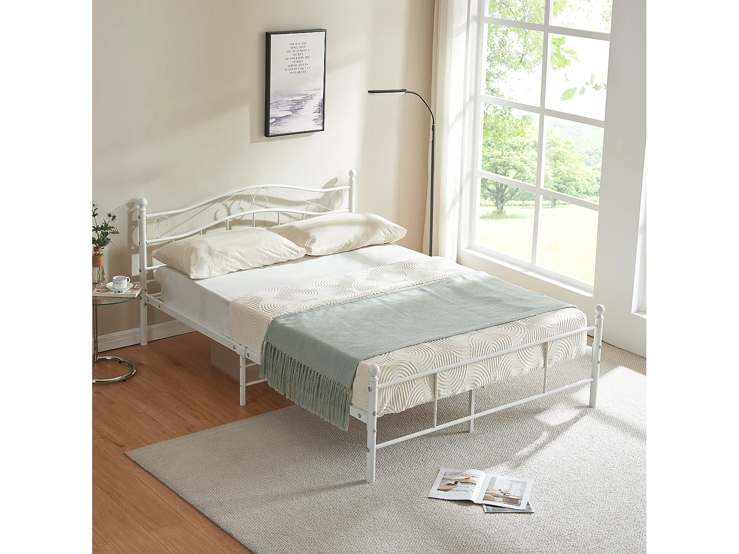 Cadre de lit double Florenz Acier Revêtu par Poudre 160 x 200 Blanc [en.casa]