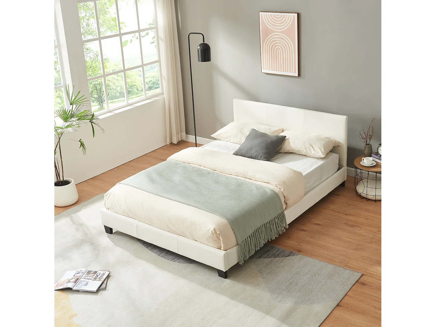 Lit Double Rembourré Albacete Sommier à Lattes Simili 140 x 200 cm Blanc Corium